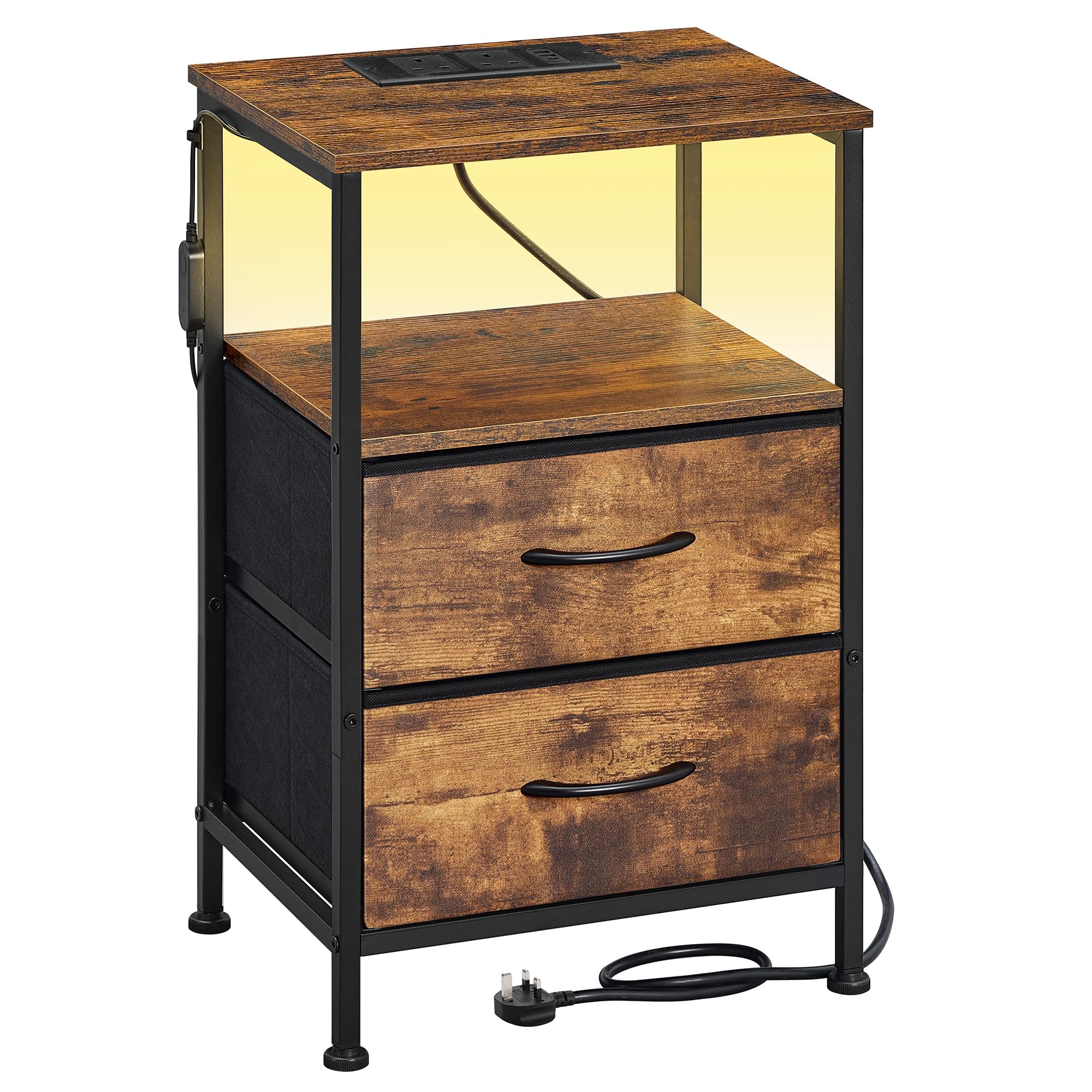 SONGMICS BELLAH Collection - Bedside Table with Charging Station, Side End Table with APP-Controlled Adjustable LED Lights, 1 Open Shelf and 2 Drawers, Bedroom, Rustic Brown and Ink Black LGS302KD03