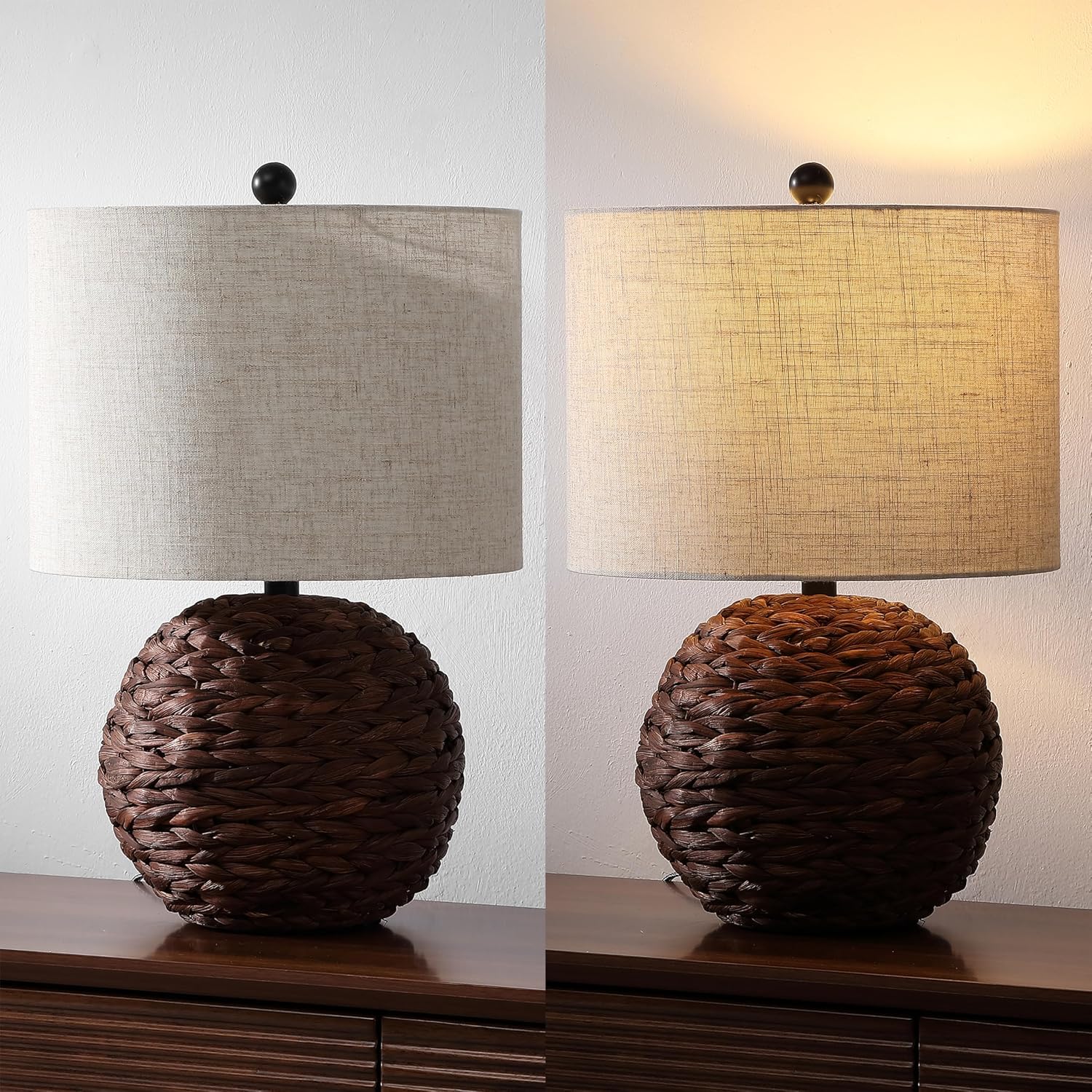 JONATHAN Y 21.5" Dark Brown Modern Coastal Woven Rattan Globe LED Table Lamp for Bedroom, Oatmeal Linen Drum Shade, LED Bulb Included, Rustic Bedside Lamp for Living Room (JYL6514B)