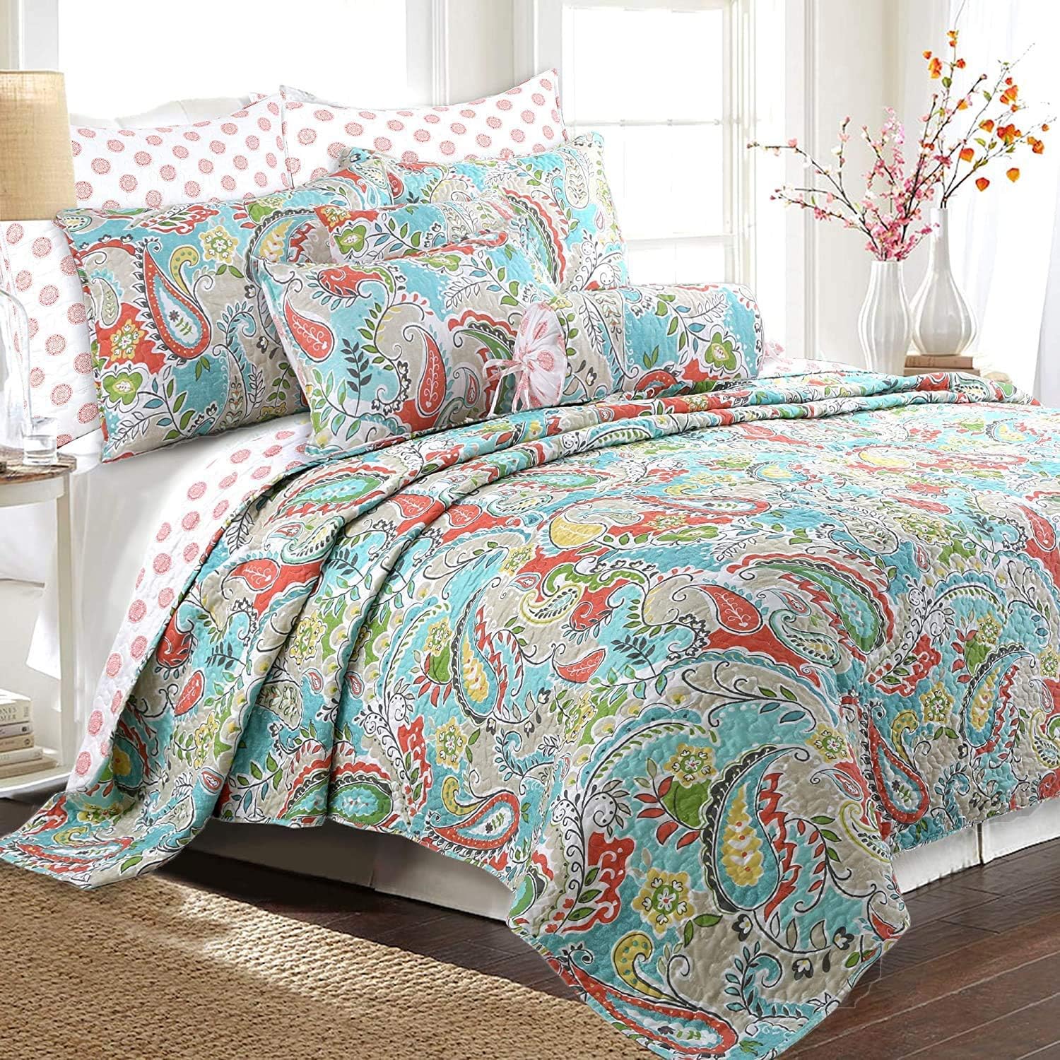 Cozy Line Home Fashions Turquoise Blue Coral Floral Leaf Reversible Quilt Bedding Set, Coverlet Bedspread Lightweight for All Seasons (Mirage Paisley, King - 3 Piece)