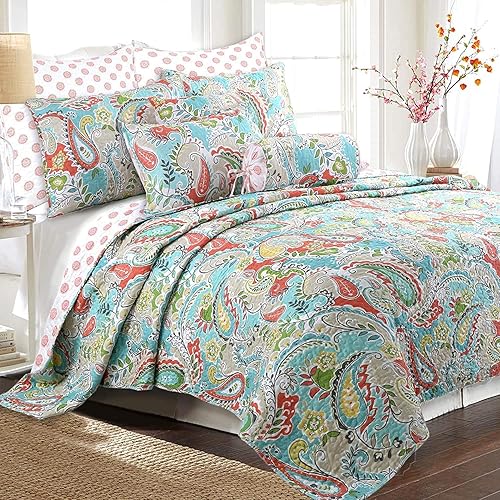 Cozy Line Home Fashions Juego de ropa de cama reversible de hojas de coral azul turquesa, colcha ligera para todas las estaciones (paisaje de Cozy Line Home Fashions Juego de ropa de cama reversible de hojas de coral azul turquesa, colcha ligera para todas las estaciones (paisaje de