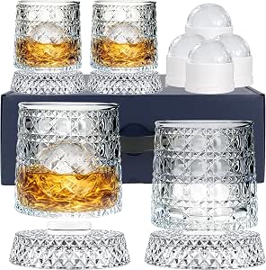 Spinning Whiskey Glasses Set of 4, 9.5 oz Rotating Rocks Glasses (Gemstone)