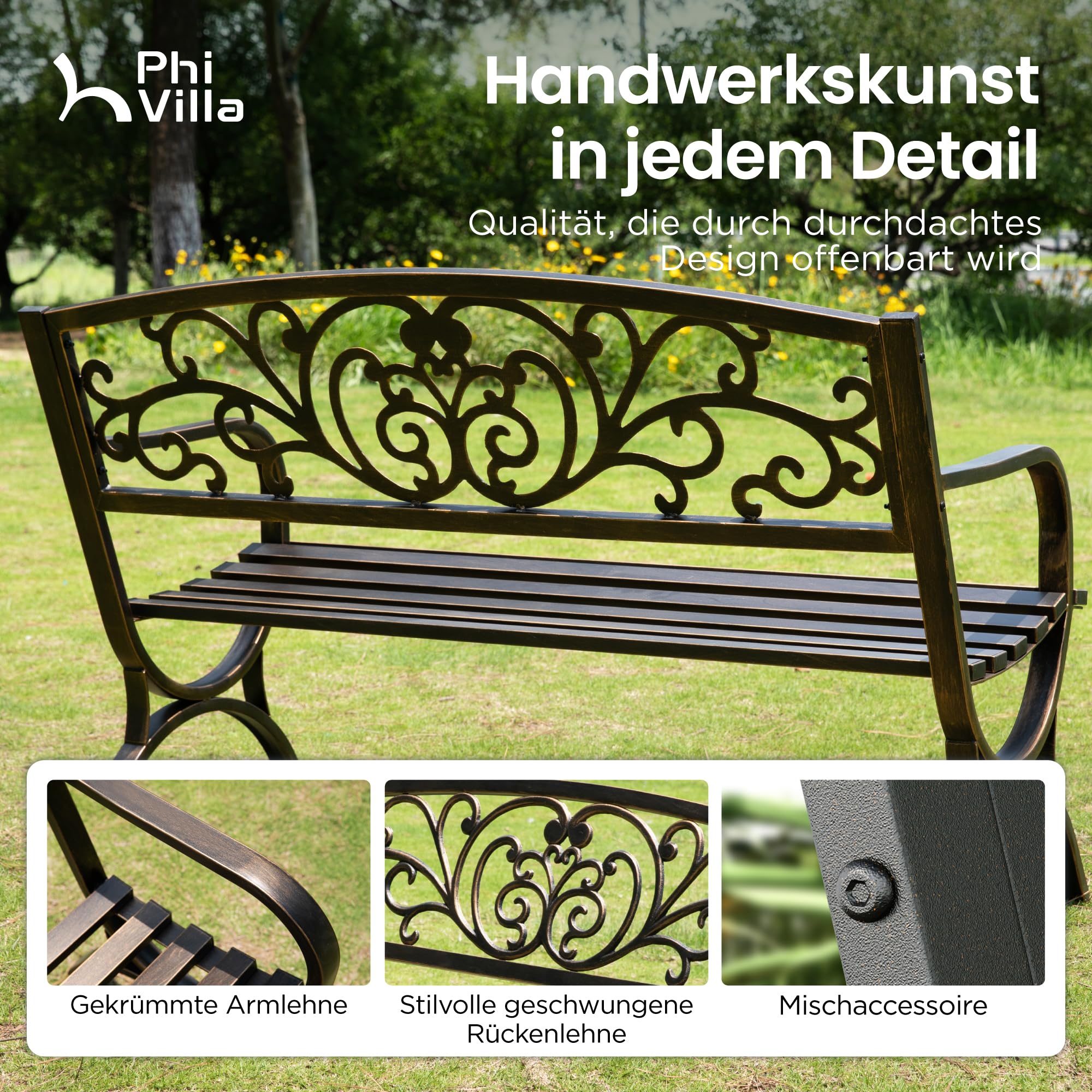 PHI VILLA Gartenbank Metall Rostfrei Rückenlehne aus Gusseisen Stahlrahmen 2-3 Sitzer Bank Outdoor mit Floralem Design für Park, Garten und Terrasse Bronze