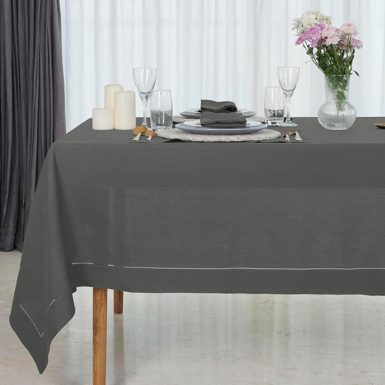 D'Moksha Homes Charcoal Grey Linen Tablecloth for Rectangle Tables 60 x 90 Inch - 100% Pure Linen Grey Table Cloth - Classic Hemstitch, Machine Washable Tablecloth for Spring, Easter