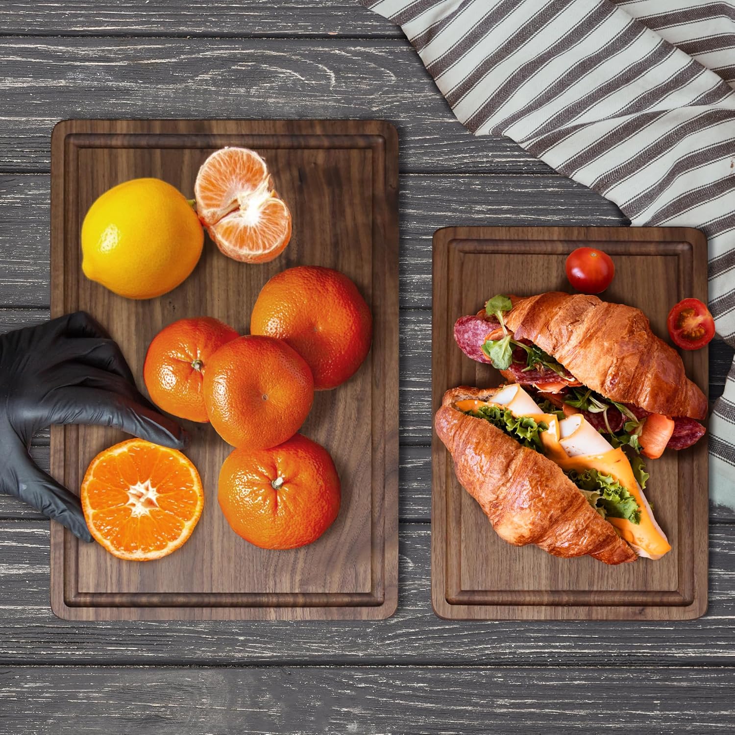 Delice Walnut Rectangle Cutting Board with Juice Drip Groove - Set of 2