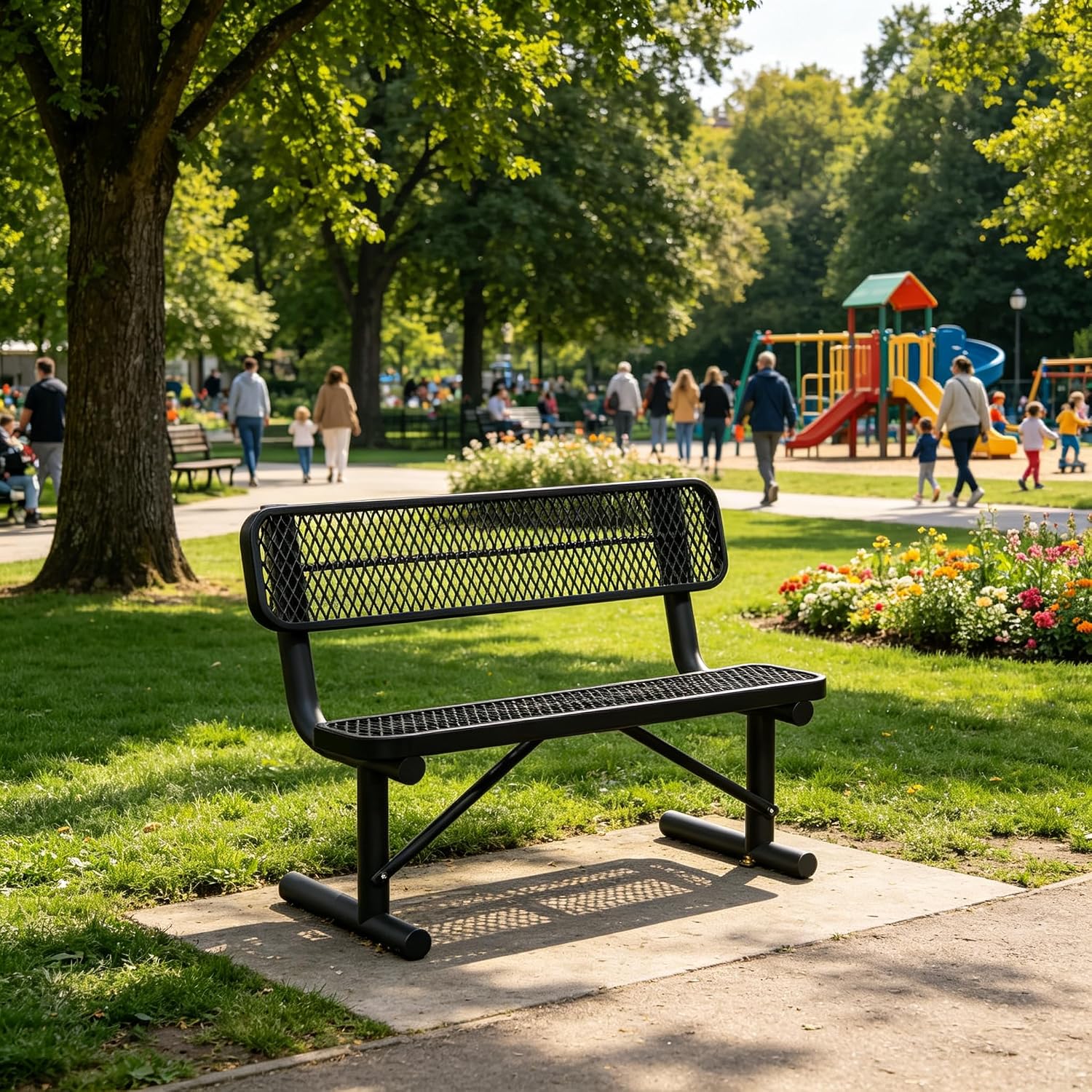 4FT Park Benches for Outside,Heavy Duty Commercial Park Bench, Outdoor Metal Bench with Backrest & Portable Frame, 48" Black Weatherproof Carbon Steel Garden Bench for Shopping Malls, School, Patio