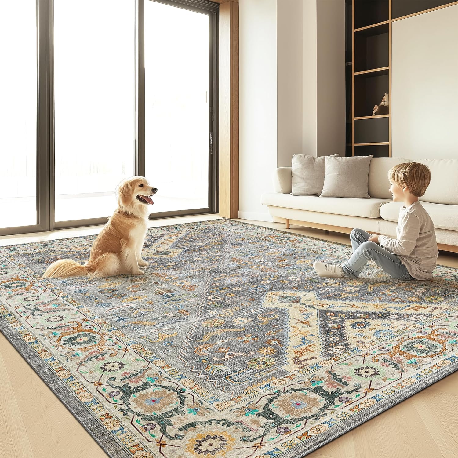 Boho Vintage Area Rug, 8x10 Washable Retro Bohemian Moroccan Accent Neutral Large Rugs, Ultra Thin Low Pile Lightweight Indoor Nonshedding Nonslip Floor Carpet for Living Room Bedroom Kidsroom Office