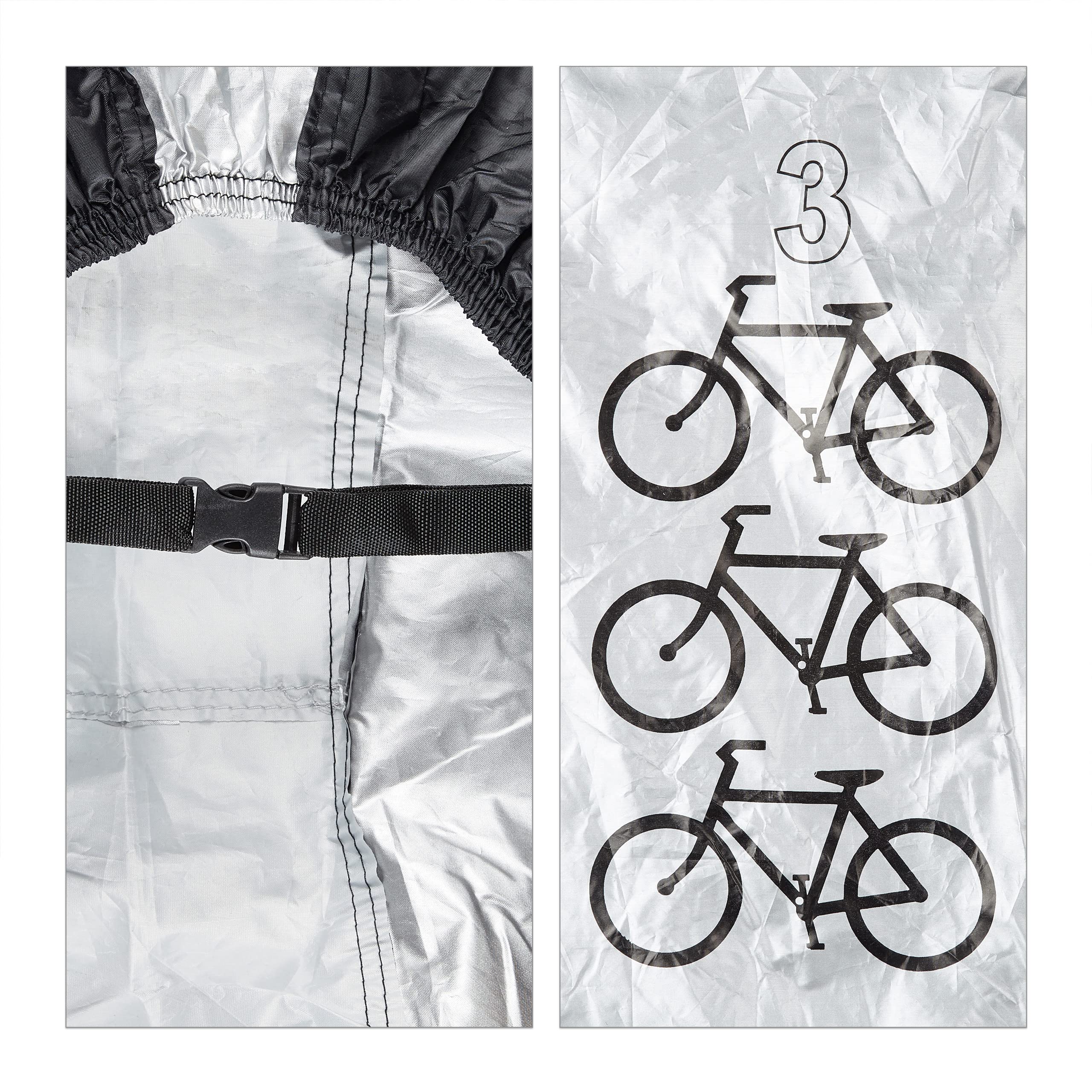 Relaxdays Cubierta bicis, para 3, 110 x 200 x 100 cm, Funda Bicicletas, con Bolso, plástico, Negro y Plateado, Poliéster