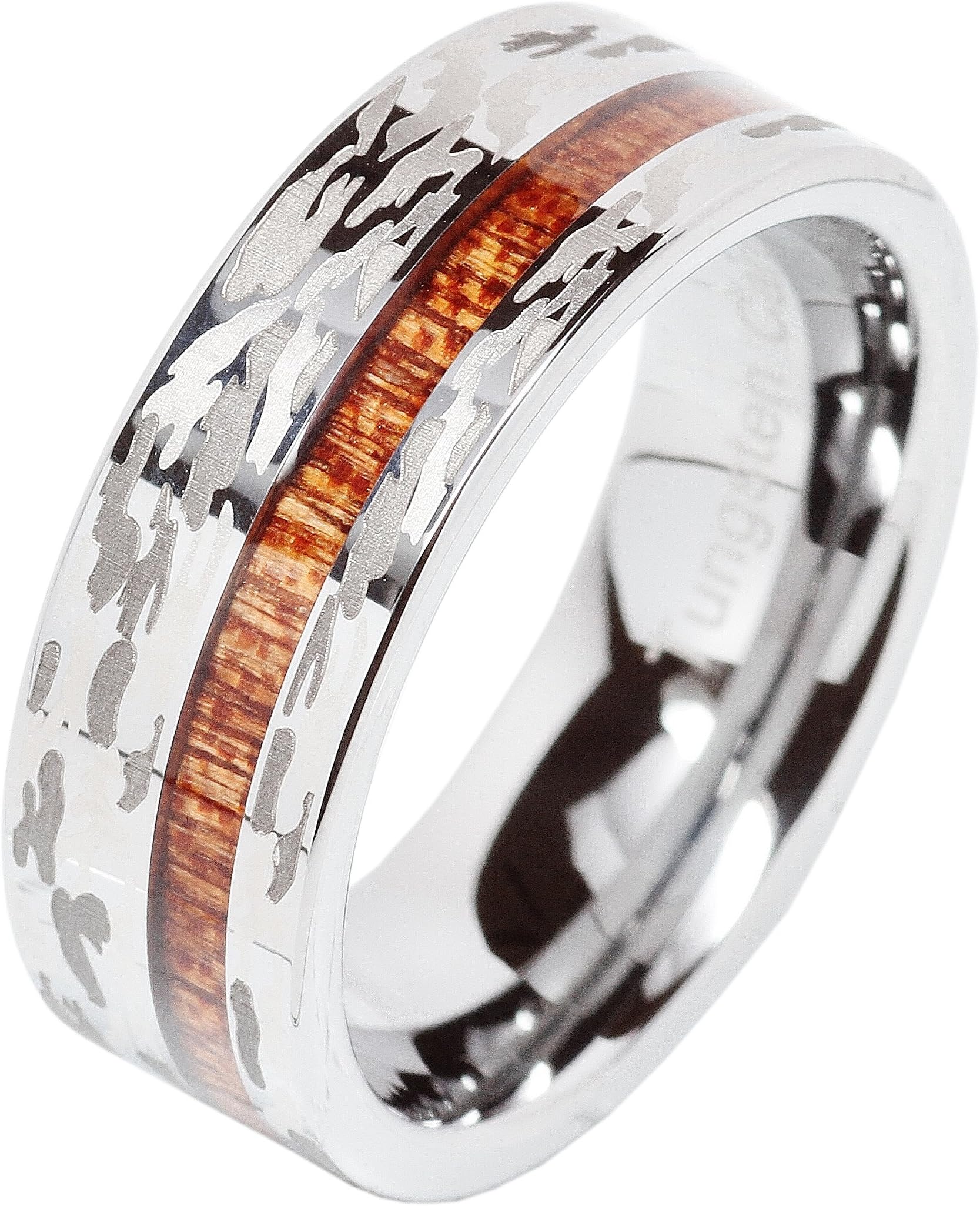 Mens Tungsten Ring Camo Army Hunting Wood Inlay Silver Wedding Band Comfort Fit Size 8-15 (9.5)