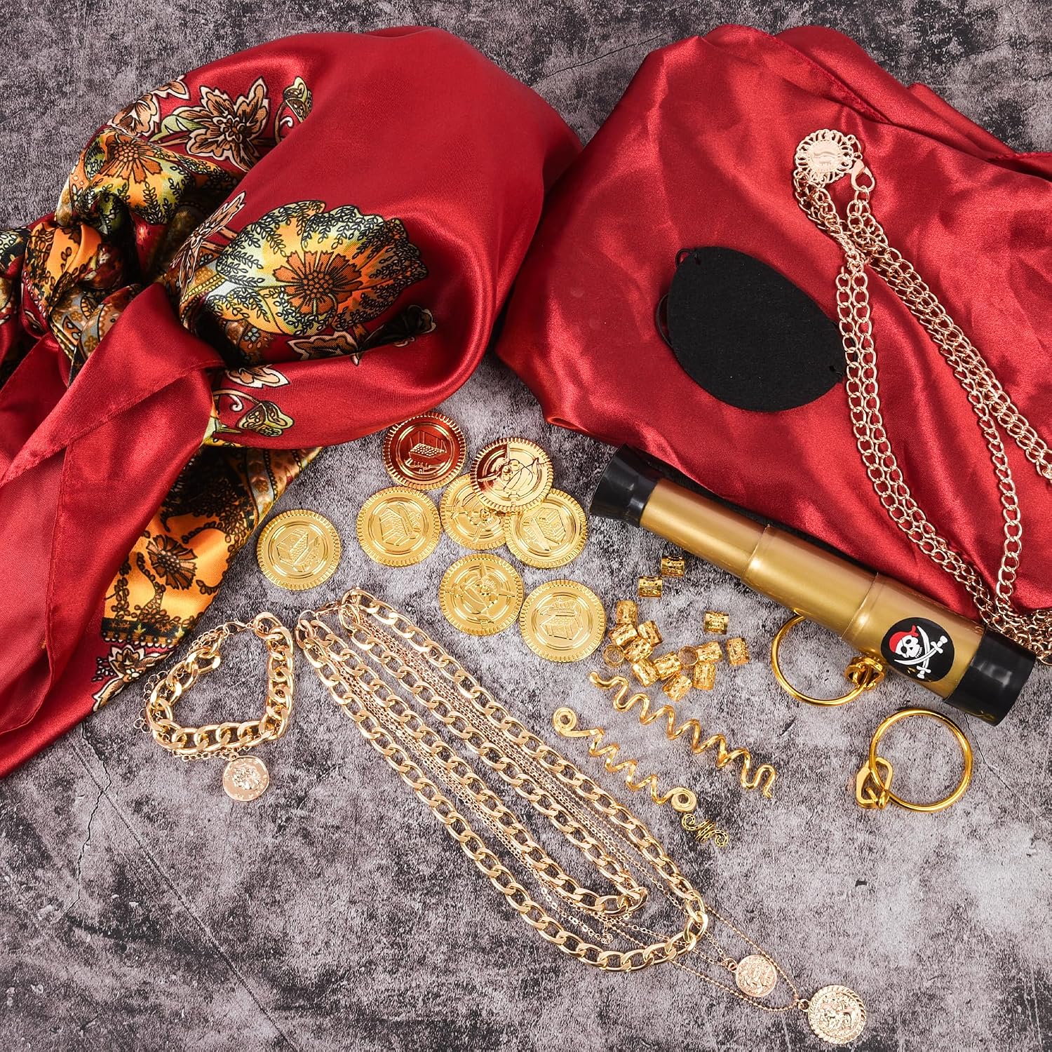 38PCS Pirate Accessories for Women - Captain Costume Set with Telescope, Gold Coins, Jewelry, Sash, Bandana & Eye Patch - Complete Halloween Cosplay Dress Up Kit for Ladies