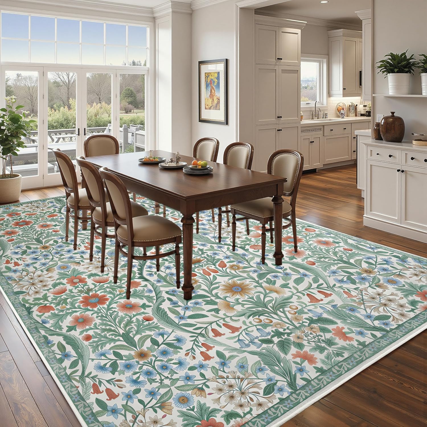 8x10 Green Washable Area Rug for Living Room, Large Non-Slip Boho Floral Carpet, Botanical Stain Resistant Floor Rug for Bedroom, Dining Room Under Table, Foldable Farmhouse Home Office Decor