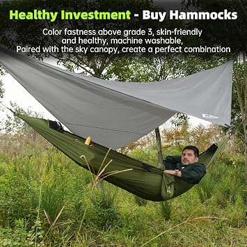 Camping Hammock with Mosquito Net – Portable Parachute Nylon Backpacking Hammock with Tree Straps, Camp Rope & Stake - for Hiking, Backpacking, Travel, Backyard, Beach – Holds Up to 500lbs (Green)