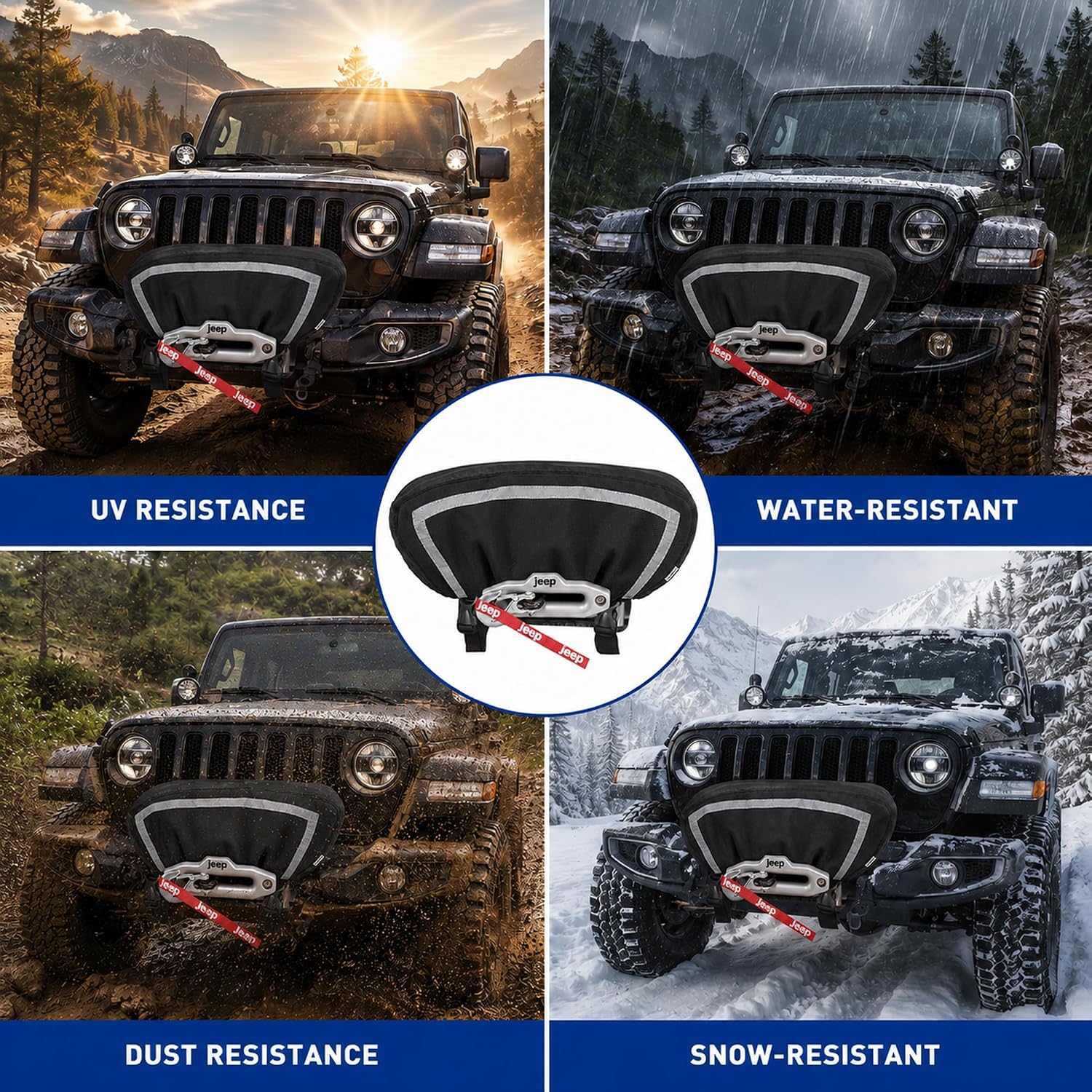 Winch Cover 12000 lb Heavy Duty 900D Oxford, Waterproof Sunproof Winch Cover With Reflective Safety Ribbon and Reinforced Stitching, Universal Winch Accessories Fit 8000-13500 lb
