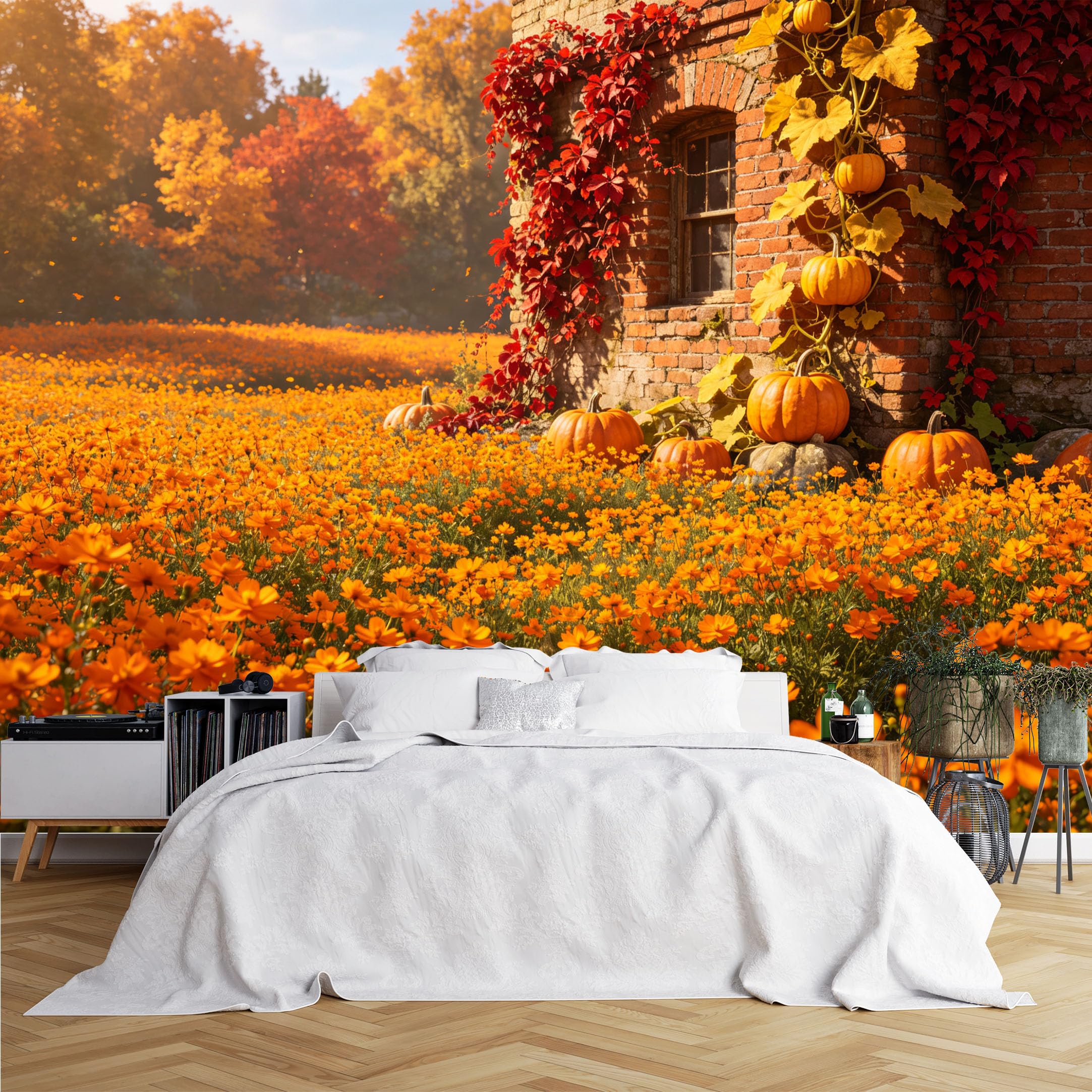 Lcythiazole Ch260615067 Custom Size Wall Murals Autumn Pumpkin Flower Brick Wall Scene Wall Murals Large Photo Wallpaper Self-Adhesive Removable Wallpaper For Entryway Kitchen Home Decor