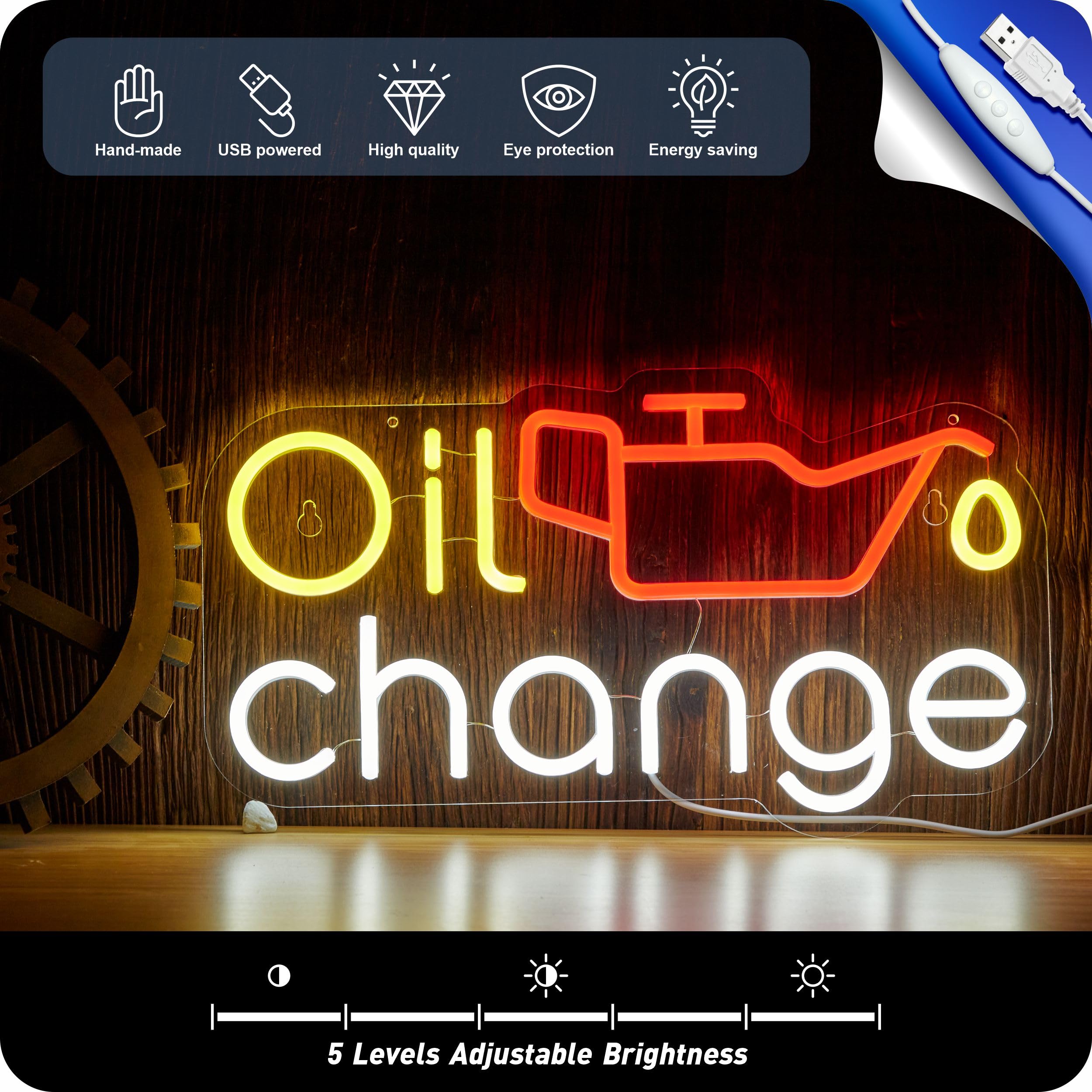 Insegna al neon per auto con cambio olio, per garage, decorazione da parete, auto, officina, garage, accessori con interruttore dimmerabile, alimentazione USB (23,6 x 41,9 cm)