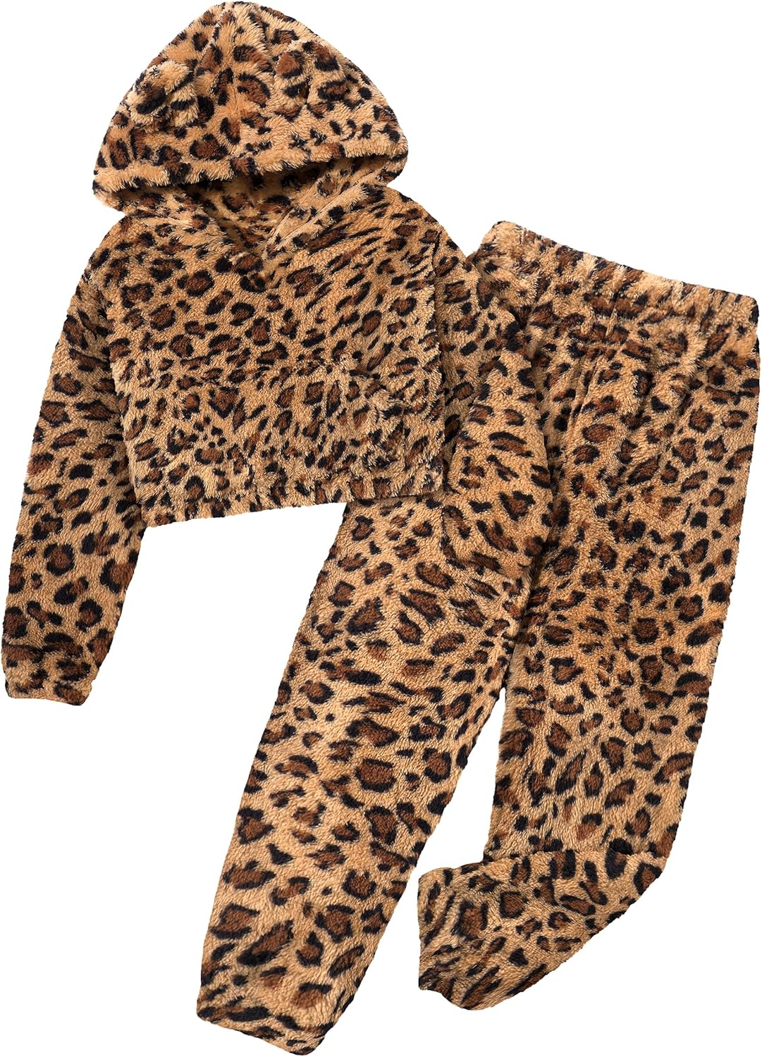 Shallmu Girls Fuzzy Bear Ear Plaid Hoodie Pullover Sweatshirt with Pocket Sweatpants Fall Winter 2 Piece Outfits