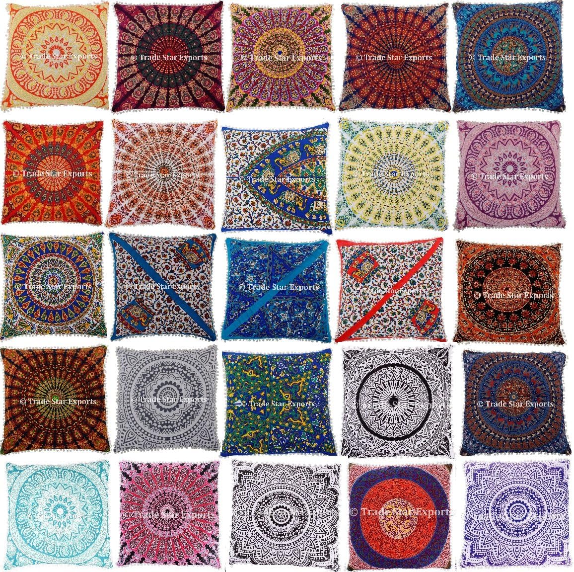 Trade Star Exports Set of 15 Indian Mandala Pillow Cover, 26x26 Square Floor Cushion, Indian Euro sham Pillow Case, Large Ethnic Cushion Cover, Decorative Pillow Sham, Meditation Throw Pillows