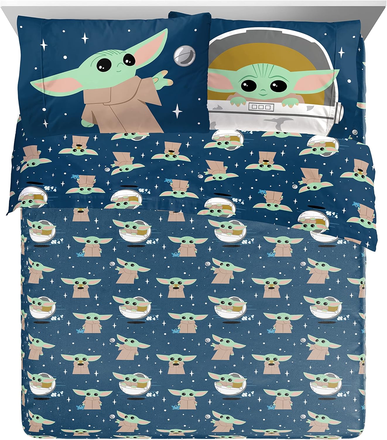 Jay Franco Star Wars The Mandalorian Hello Grogu 7 Piece Queen Size Bed Set - Includes Comforter & Sheet Set - Super Soft Kids Bedding Fade Resistant Microfiber (Official Star Wars Product)