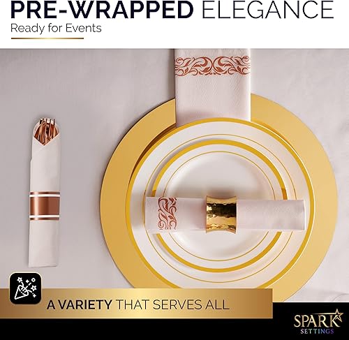 Miniatura 6 de Cubiertos de plástico de oro rosa, juego de 50 servilletas y cubiertos preenrollados, elegante juego de cubiertos de plástico envuelto con