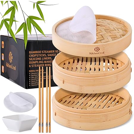 10-Inch Bamboo Steamer Set With Adapter Ring - Make Dumplings, Buns & Dim Sum At Home (Includes Molds & Liners)