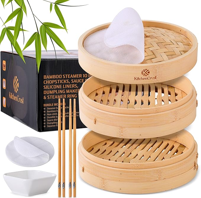 KitchenCrust bamboo steamer set with silicone liners and sauce dish