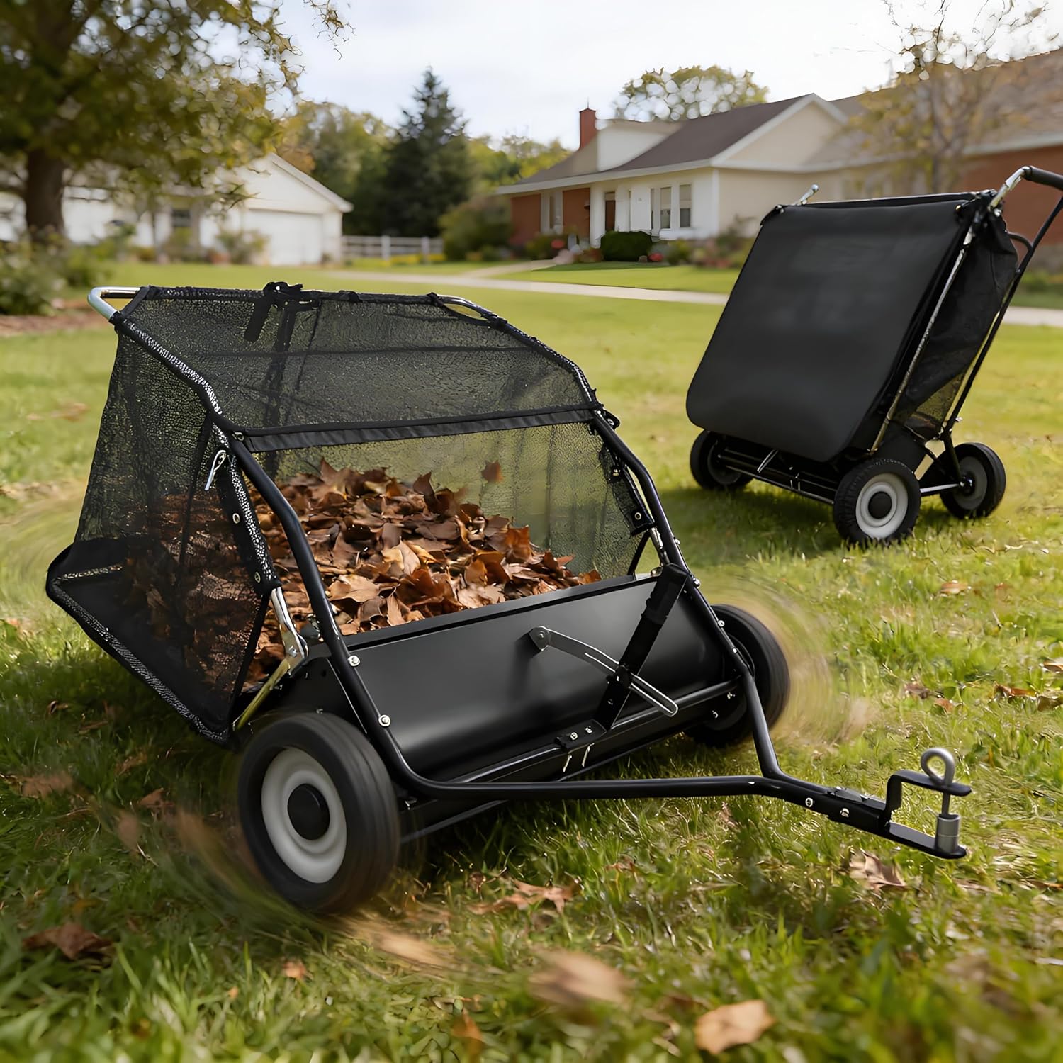 Tow-Behind Leaf Sweeper, 44" Wide Heavy Duty Lawn Sweeper with Adjustable Brush Height & 25 Cubic Feet Capacity, Perfect for Yards Driveways Sidewalks Black 44