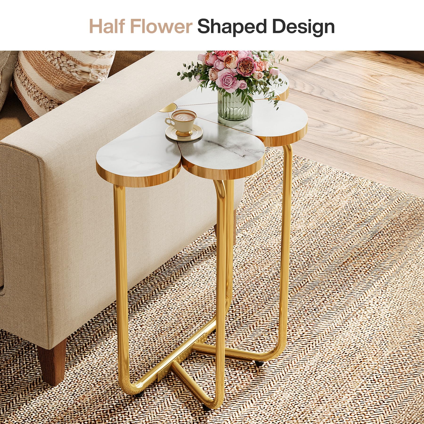 Tribesigns Narrow Side Table, Half-Flower Accent Side Table with Stylish Gold Frame, White and Gold End Tables, 26-Inch Tall Faux Marble Nightstand for Bedroom