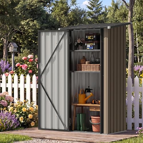 Aoxun Outdoor Storage Shed with Floor - Vertical Cabinet, 3x3 FT Metal Shed with 2 Adjustable Shelves & Lockable Doors Waterproof Tools Shed for Backyard, Garden, Patio, Lawn (Brown)