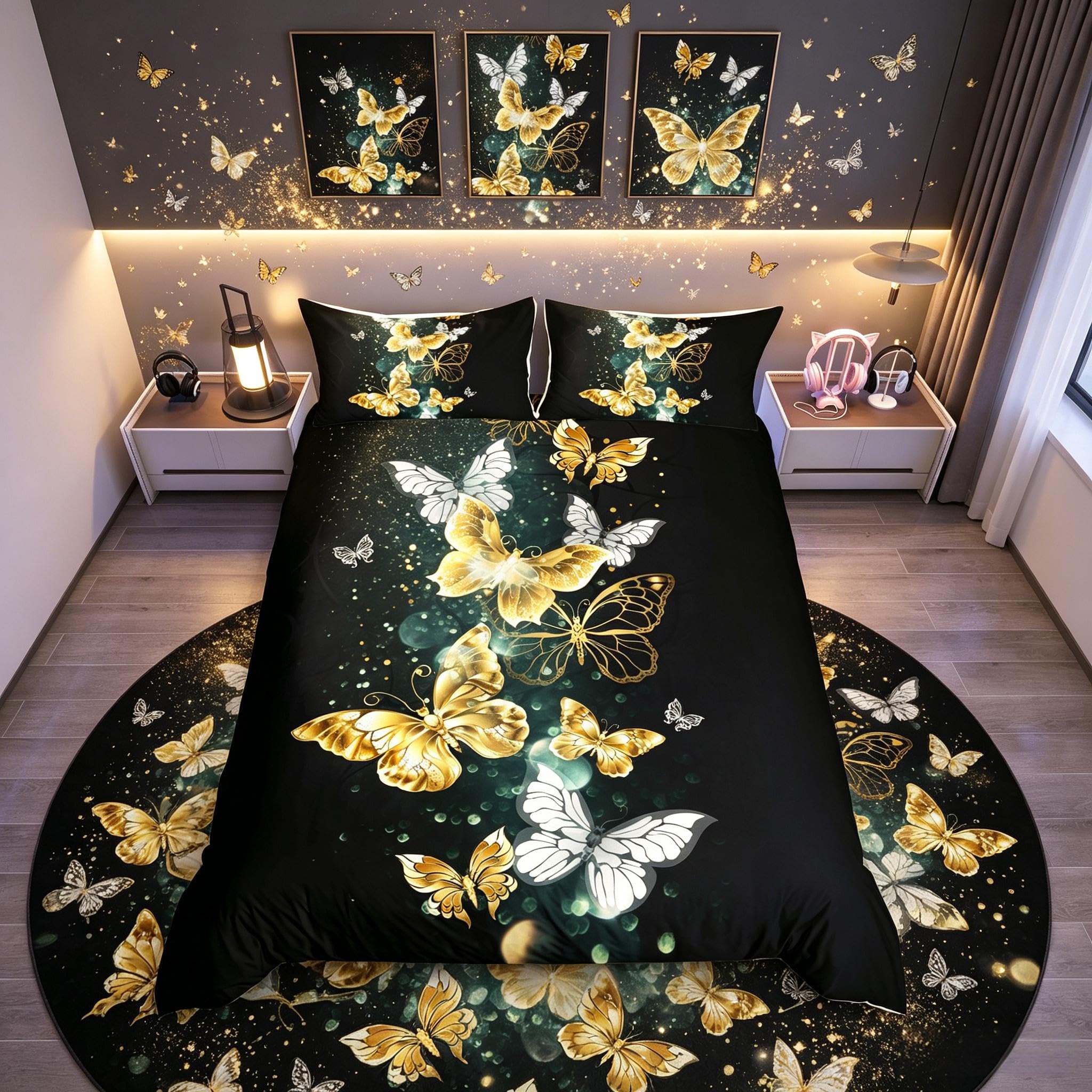 Homemissing Single Baby Bed Butterfly Set Gold and White Butterfly Set Duvet Cover Flying Animal Pattern Duvet Cover Black Room Decoration Luxury โ image 1