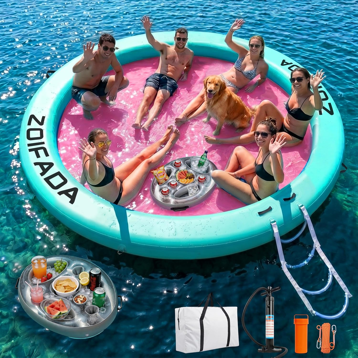 Inflatable Water Hammock Round Floating Ring,8/10/12FT Heavy Duty Pool Float for Adults,Inflatable Tanning Pool Float Island Dock for Lake/River/Ocean,w/Cup Holder,10FT&12FT Include 4-Step Soft Ladder