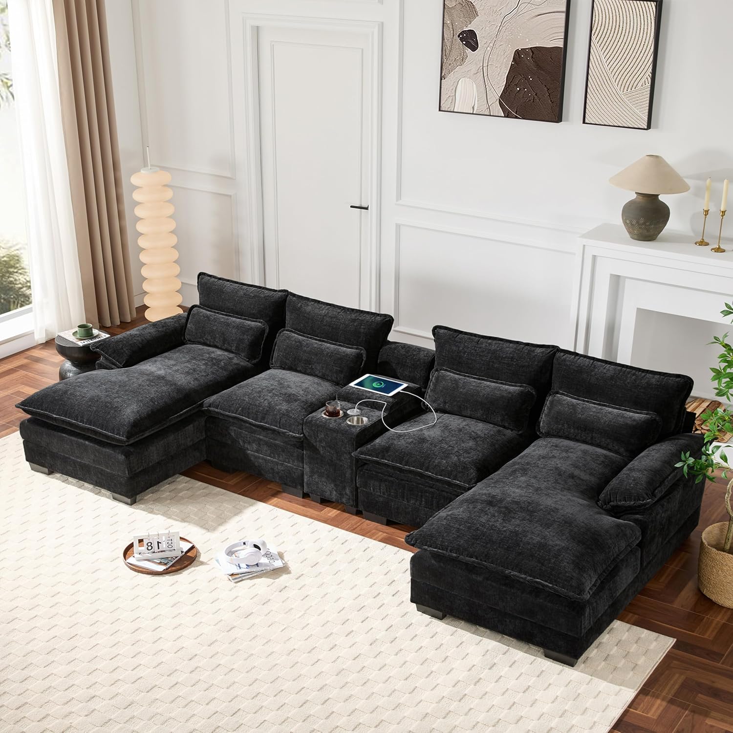 (PARTIAL)123\" U-Shaped Symmetrical Sectional Sofa Living Room Cloud Cushions Sectional Sofa Couch with Double Chaises, Storage Console, Stainless Cupholders,USB Ports & 4 Lumbar Pillows for Home Apartment Black 123\" U-Shaped Symmetrical Sectional Sofa
