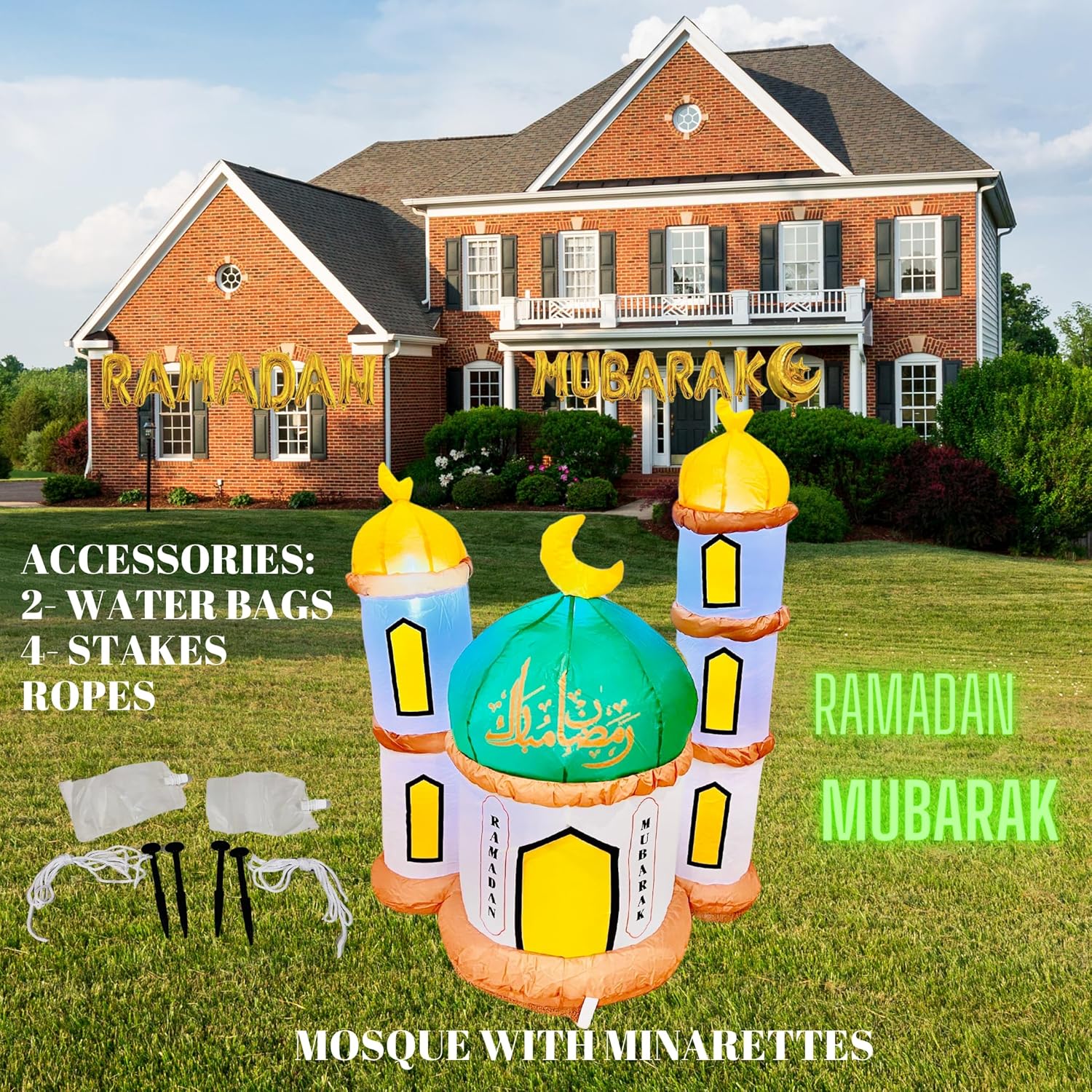 Eid Gift Inflatable Masjid Decoration with LED Lights - Indoor/Outdoor Electric Blow-Up Yard Décor, 40" Tall (Masjid Model)