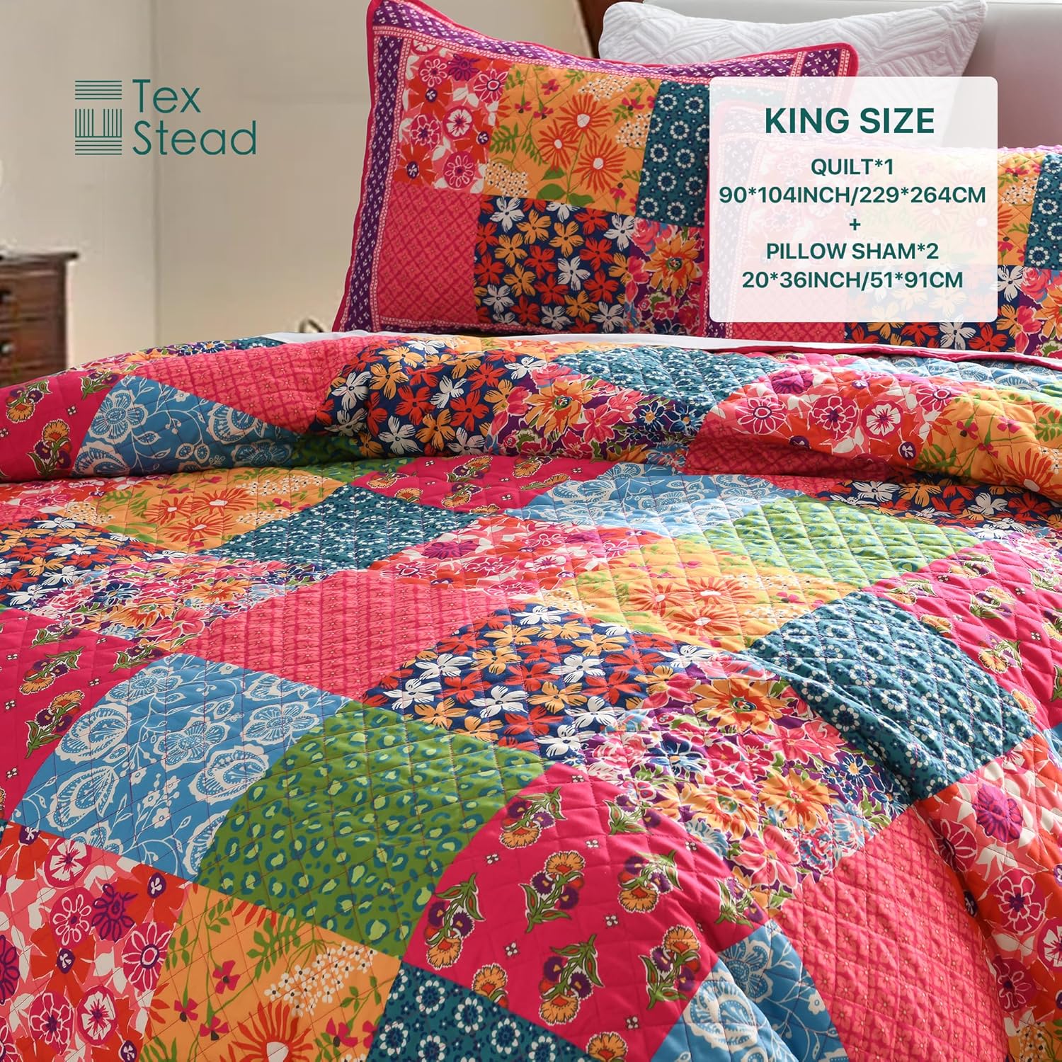 King Quilt Set for Bed - 100% Cotton Quilts Patchwork Comforter Coverlet Bedspread Reversible 90"x104" with 2 Pillow Shams - Image 6