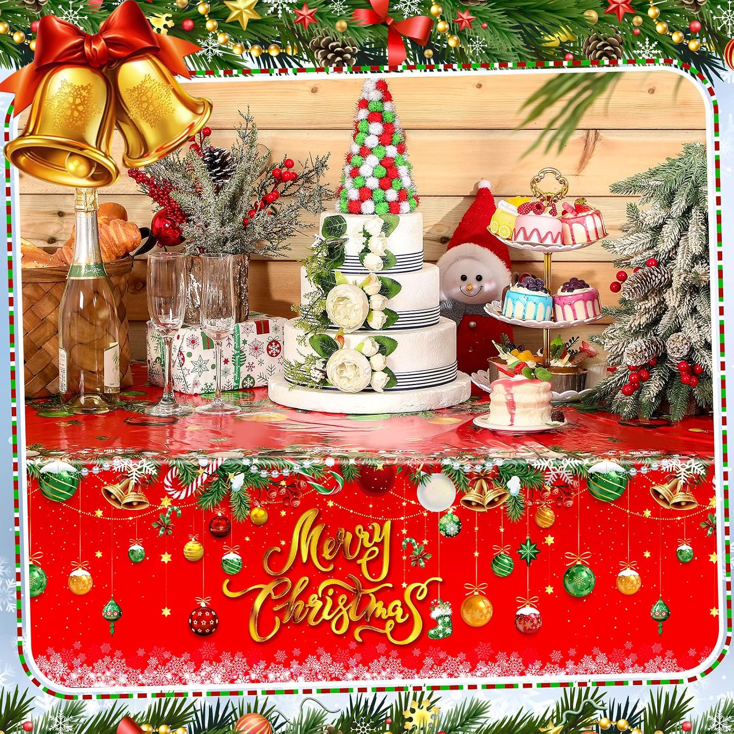 Oudain 3 Pcs Christmas Tablecloths Plastic Merry Christmas Table Covers 54 x 108 Inch Rectangle Disposable Red Xmas Tablecloth for Winter Xmas Holiday Party Decorations Supplies