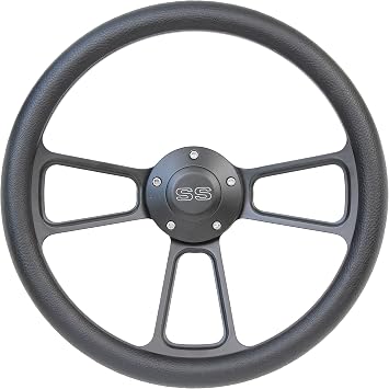 5-bolt Black Steering Wheel 14 Inch Aluminum with Black Vinyl Wrap and SS Horn Button