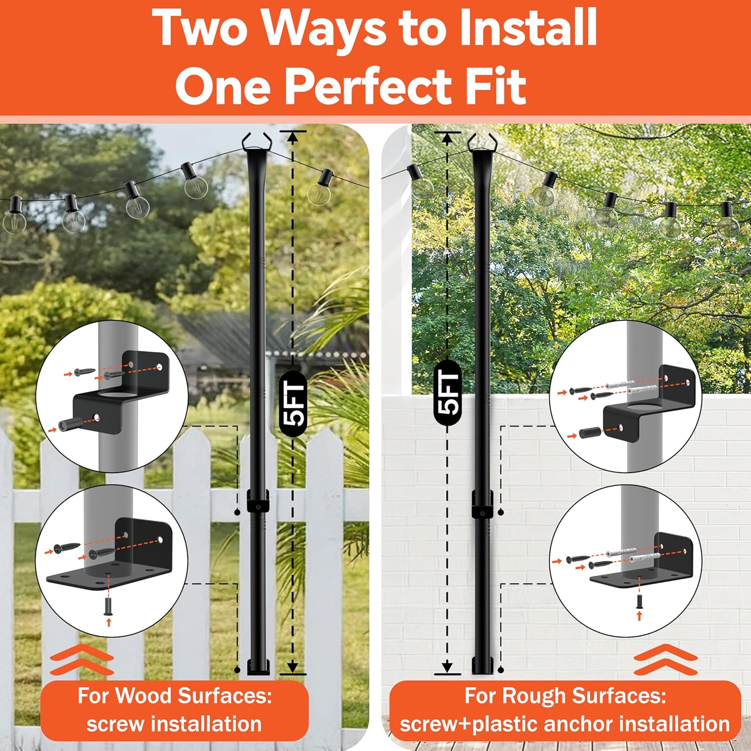 6 Pack String Light Poles, 5 Ft Light Poles for Outside, Thickened Metal Poles for Outdoor String Lights, Light Pole for Patio Deck Garden Backyard Wedding Party Decor