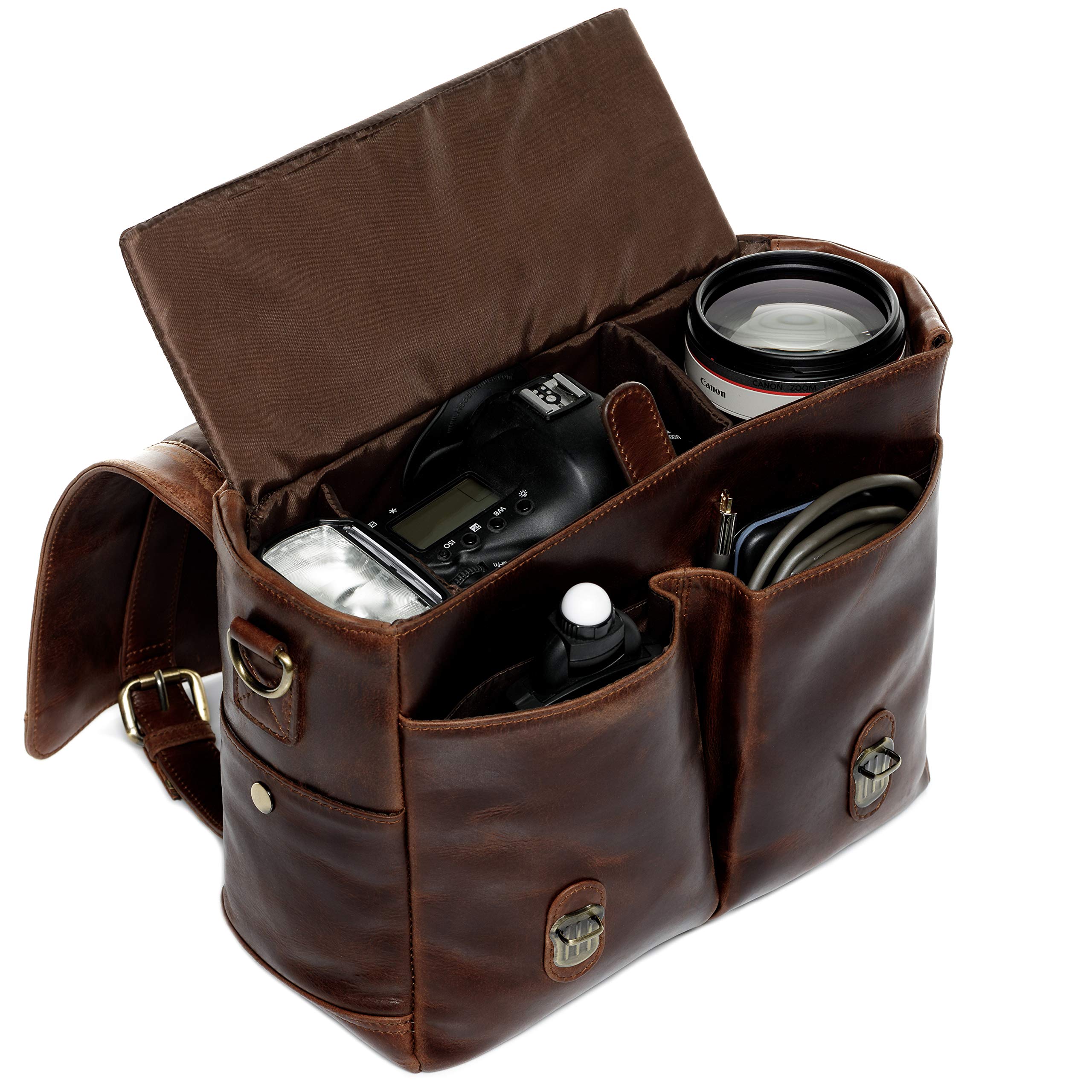 SID & VAIN Kameratasche echt Leder - SLR DSLR Umhängetasche Heathrow - Fototasche verstellbare Fächer mit Schultergurt - Ledertasche Herren und Damen braun handgefertigt