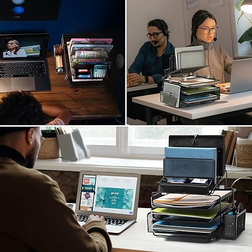 Miniatura 7 de DESIGNA Organizador de escritorio apilable de malla con 3 cajones deslizantes para bandejas, 4 soportes para archivos, sección clasificadora, 2