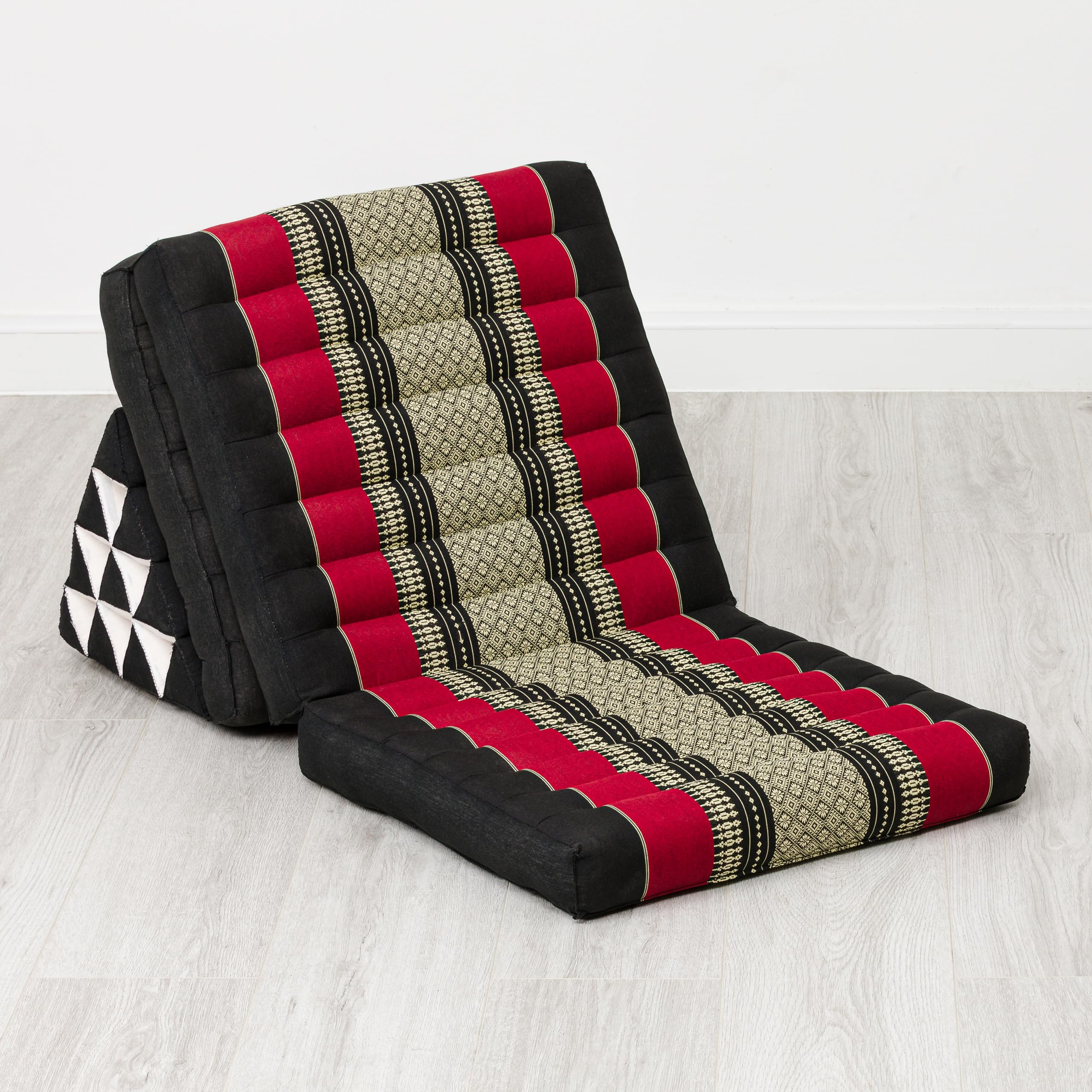 livasia Coussin thaï à 3 Blocs - 175x50x8cm - Triangle avec Matelas Pliable, Biseau kapok, Coussin de Soutien Dorsal Pliables, Tapis thaï Pliable, Fait Main (Noir/Rouge)