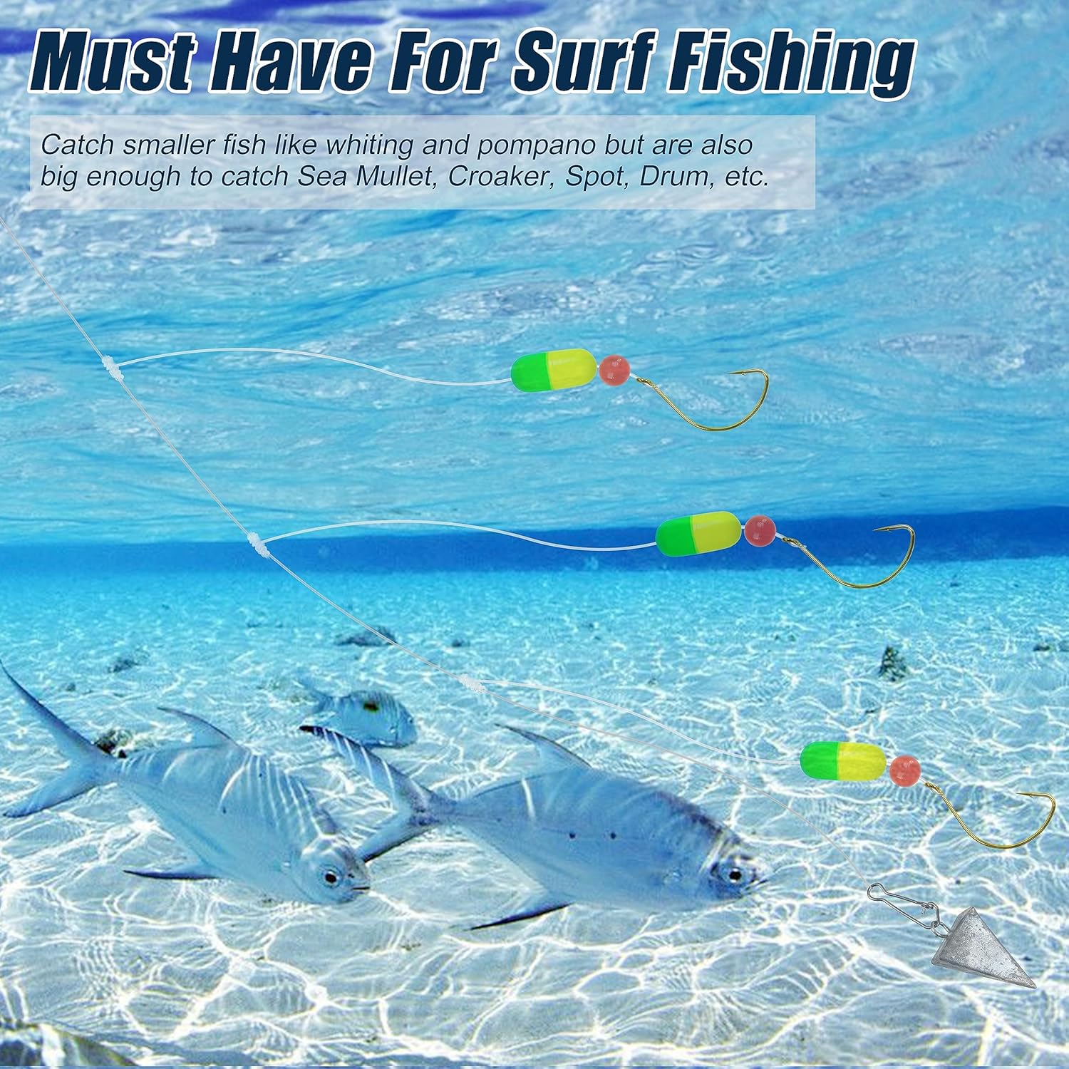 AIRKOUL 12/24 Peças Mono Leader Rigs - Pesca De Surfe De Alta Baixa, Encaixes, Giros, Contas, 1/2 Braço Para Isca, Isca, Anzol, Sal/água Doce ( Leader-NLWH0104-1armX12