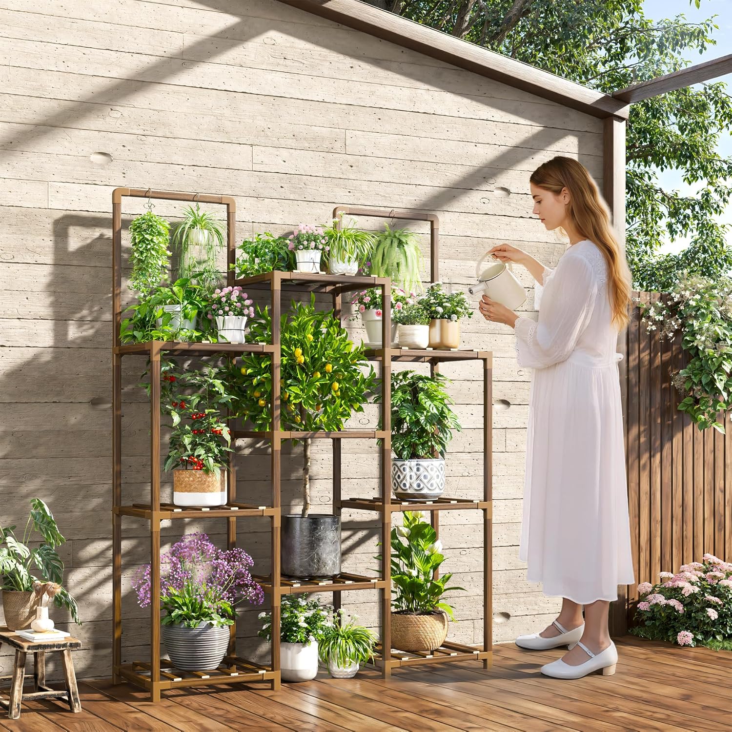 EnHomee Plant Stand Indoor Tall Plant Stand Outdoor Large Wood Plants Shelf with 10-12 Pots for Patio, Living Room, Garden, Balcony, 34.2 Wx47.6 Hx11.78 D