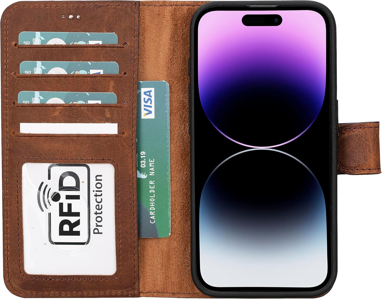 Genuine Leather Wallet Phone Case Compatible with iPhone 15 Pro with Card Holder - Kickstand – RFID, Compatible with Magsafe (Antic Brown)