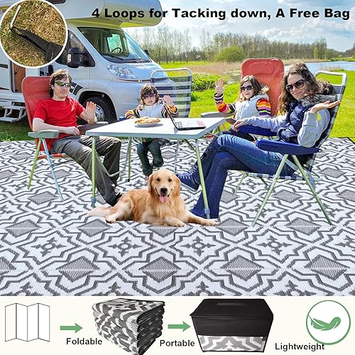 Miniatura 8 de Alfombra de exterior impermeable de 9 x 12 pies, alfombra de campamento para exteriores, alfombra de paja de plástico, artículos esenciales para