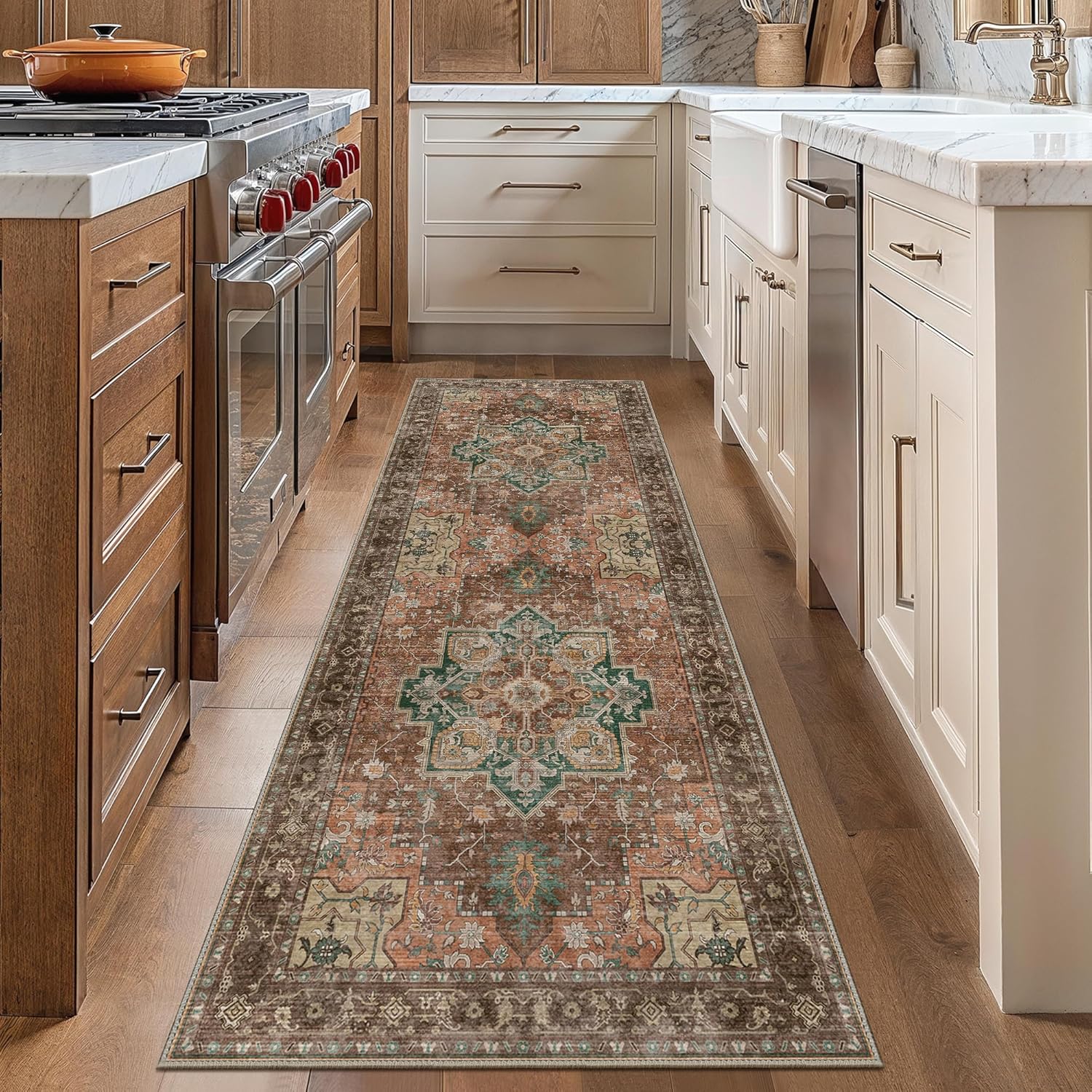 GENIMO 2'6"x8 Runner Rugs for Hallway, Machine Washable Non Slip Vintage Rugs, Low Pile Lightweight Soft Print Rug for enrtyway, Corridor, Home Office, Kitchen, Rosewood