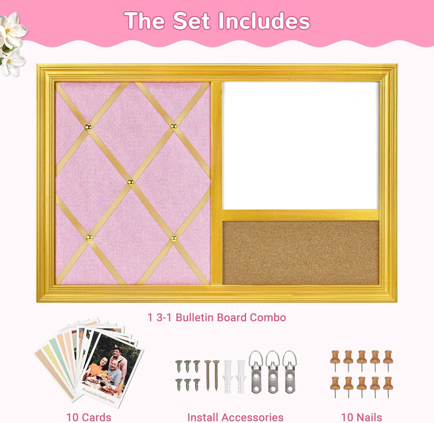 3-1 Memo Bulletin Board Combo,16’’x24’’,Gold Frame Pink Linen Ribbon Photo Board, Magnetic Whiteboard & Corkboard, for Office, Home, Bedroom,School,Dorm Wall Decor
