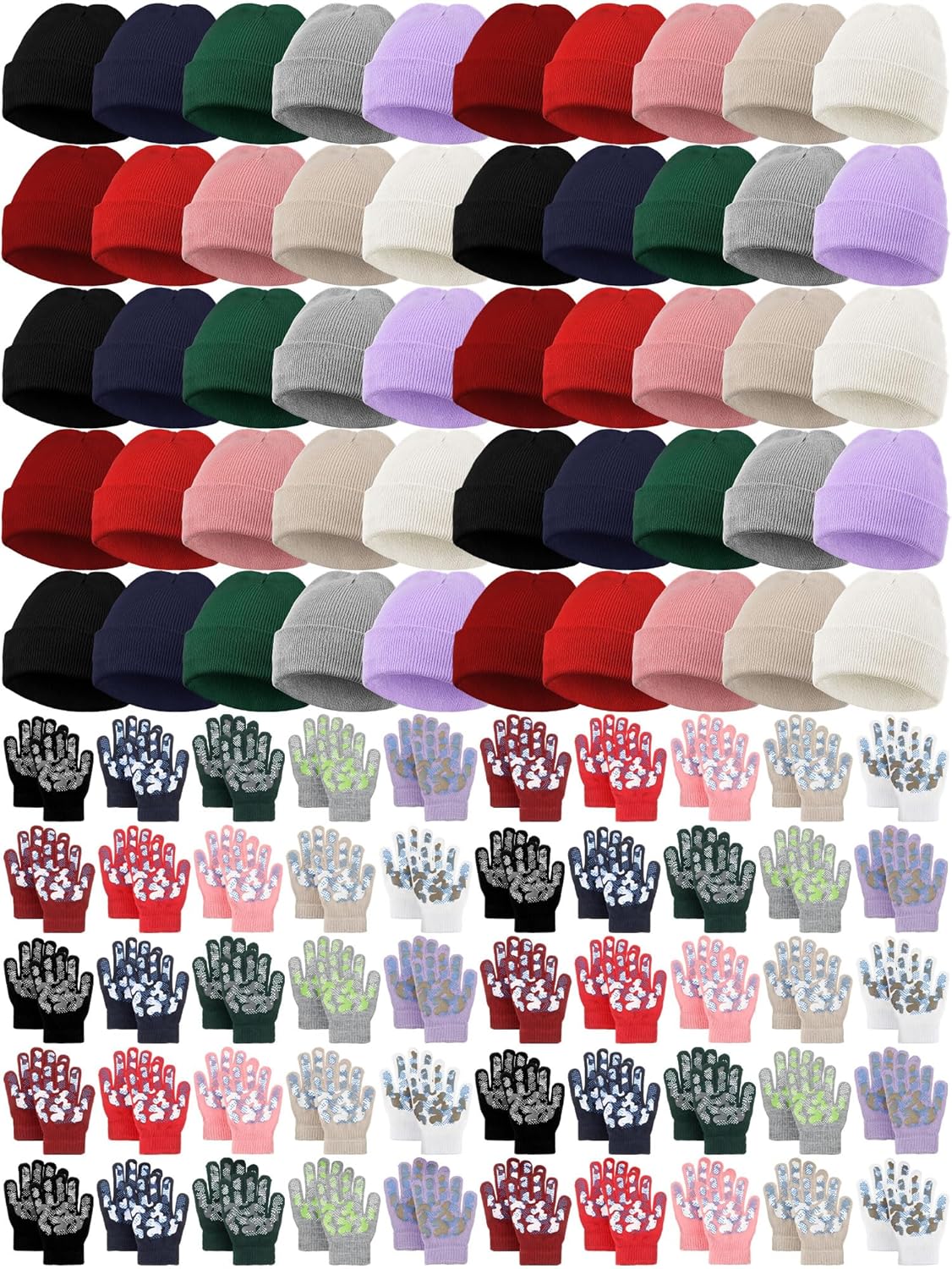 JaGely 100 Pcs Kids Beanies Hats and Gloves Set Bulk for Girls Boys Winter Warm Knitted Beanies Anti-slid Gloves with Grips