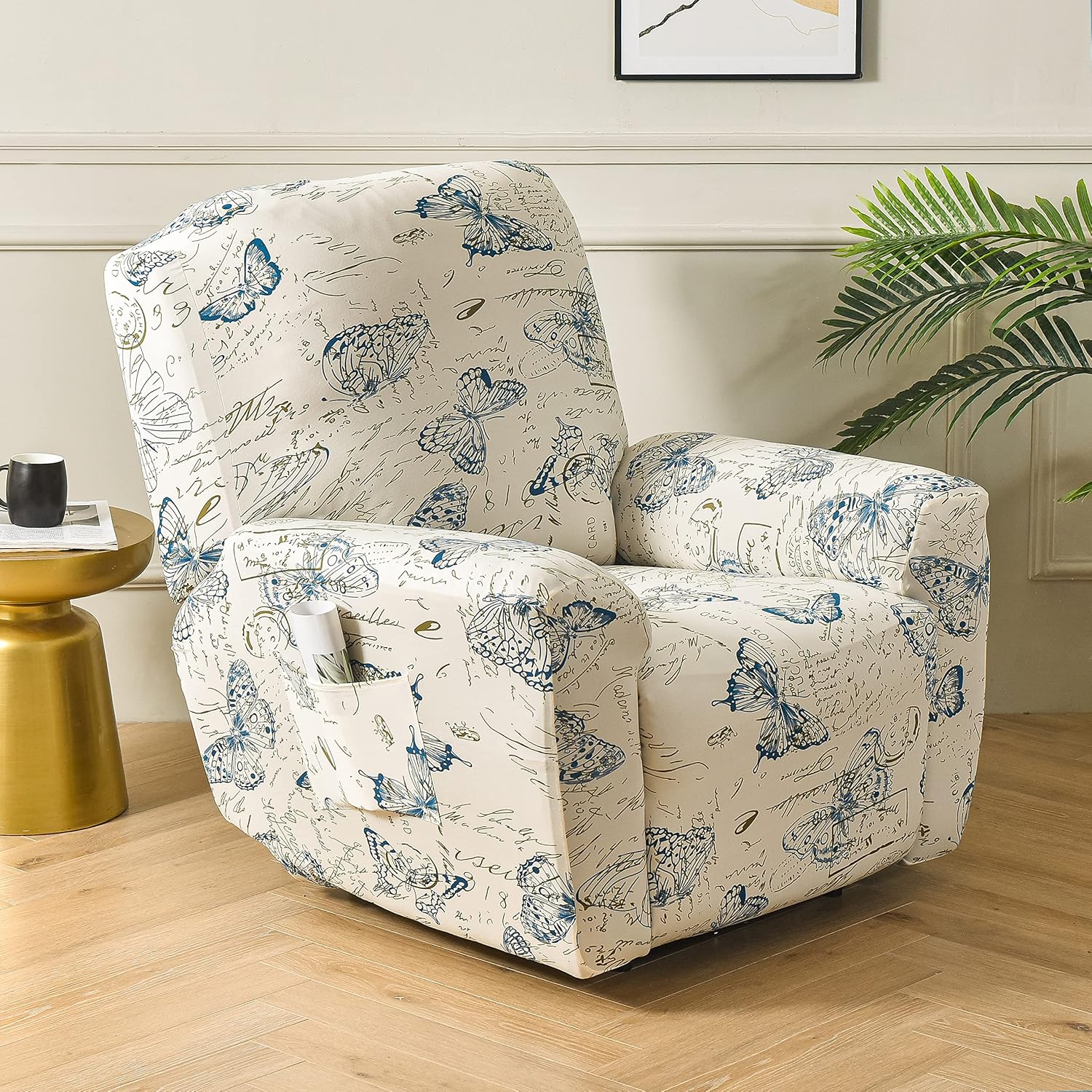4 Pieces Stretch Recliner Sofa Slipcovers, Print Large Recliner Chair Slipcovers Non Slip Armchair Reclining Furniture Protector Sofa Cover with Pocket (H)