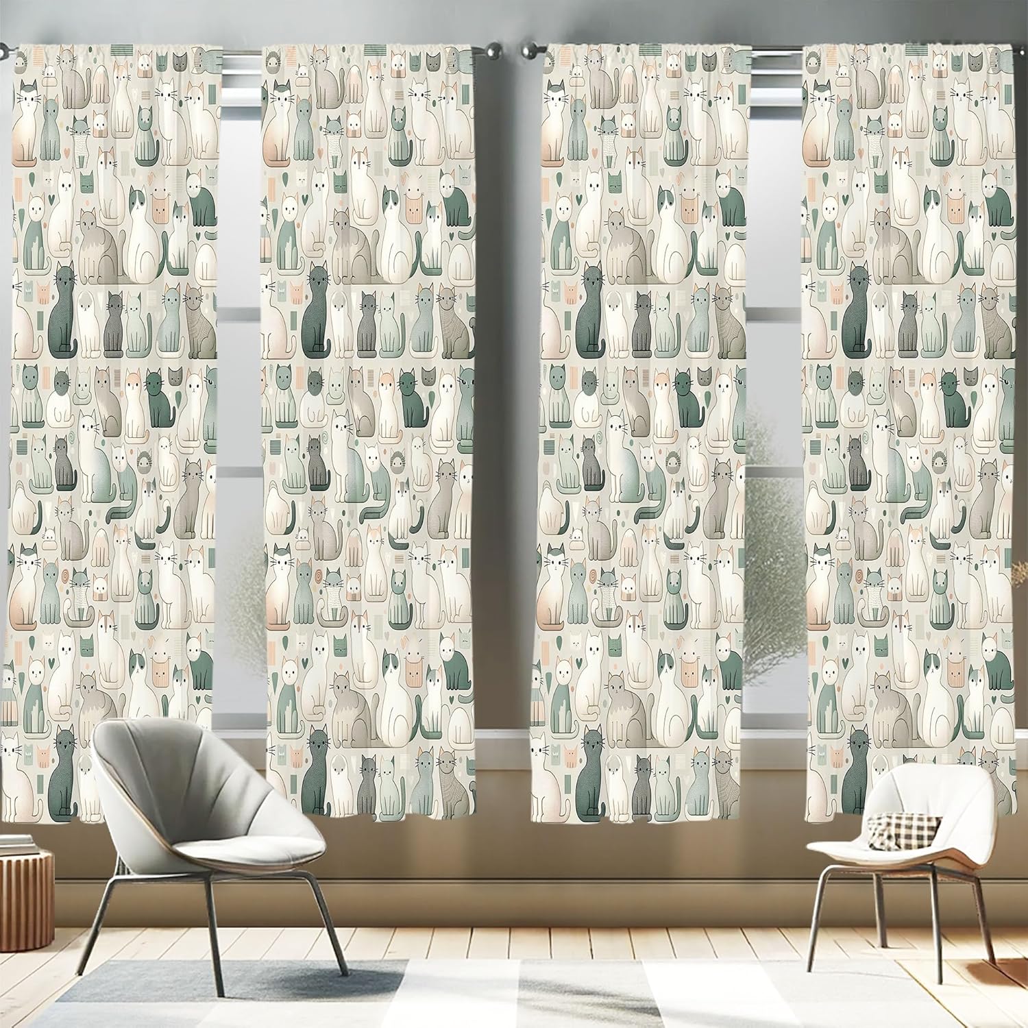 Ambesonne Cats Window Curtains Pack of 2, Cartoon Illustration of Delicate Kitten World with Muted Colors Modern, Lightweight Set with Rod Pocket, 4 Panels of - 28" x 84", Cadet Blue Pale Grey Teal