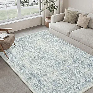 Blue Area Rug 5x7 Machine Washable Vintage Living Room Distressed Non Slip Carpet Traditional Indoor Bedroom Retro Floral Accent Throw Large Rug Office Kitchen Bathroom Dining Room