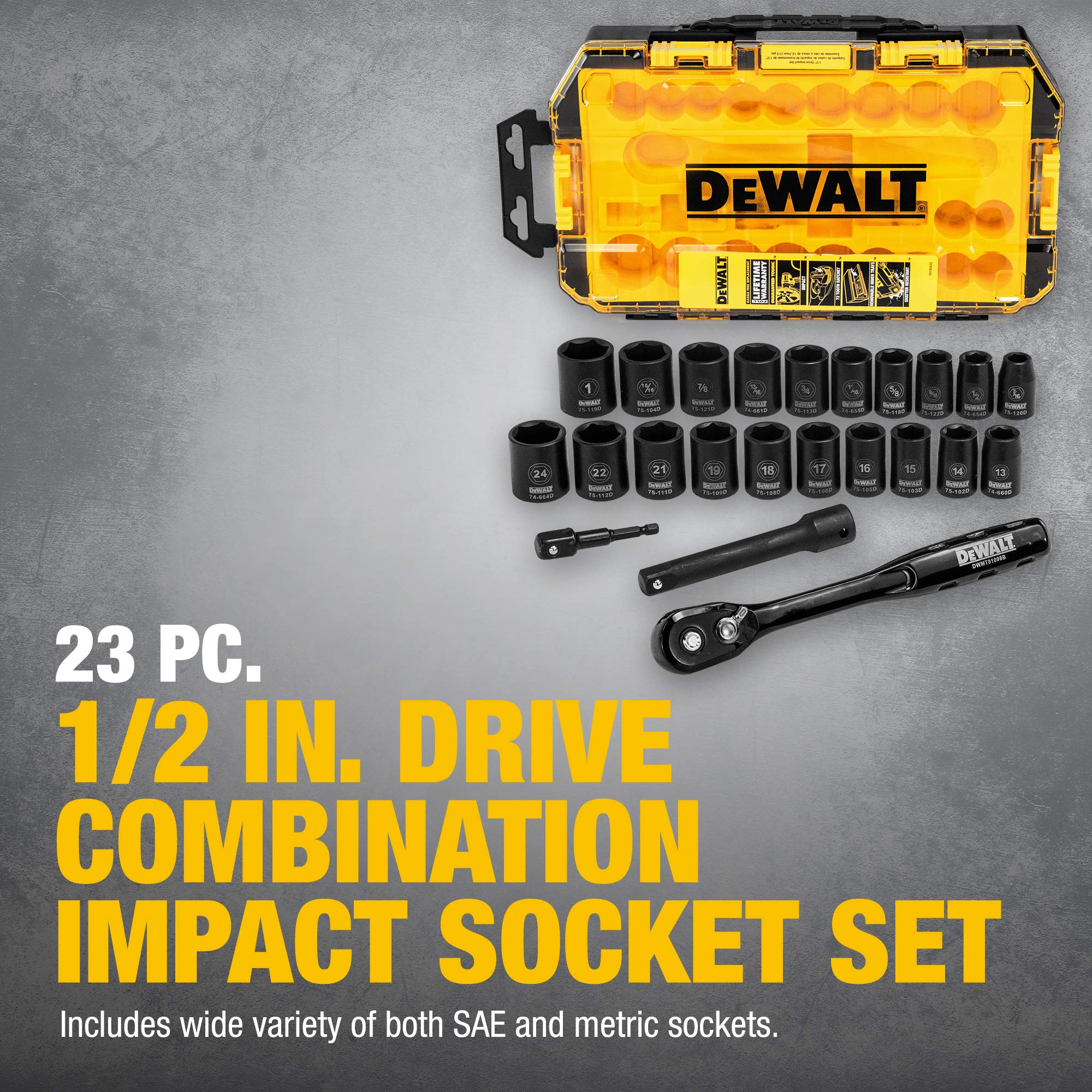 DEWALT Impact Socket Set, 23Piece, 1/2" Drive Metric/SAE (DWMT74739