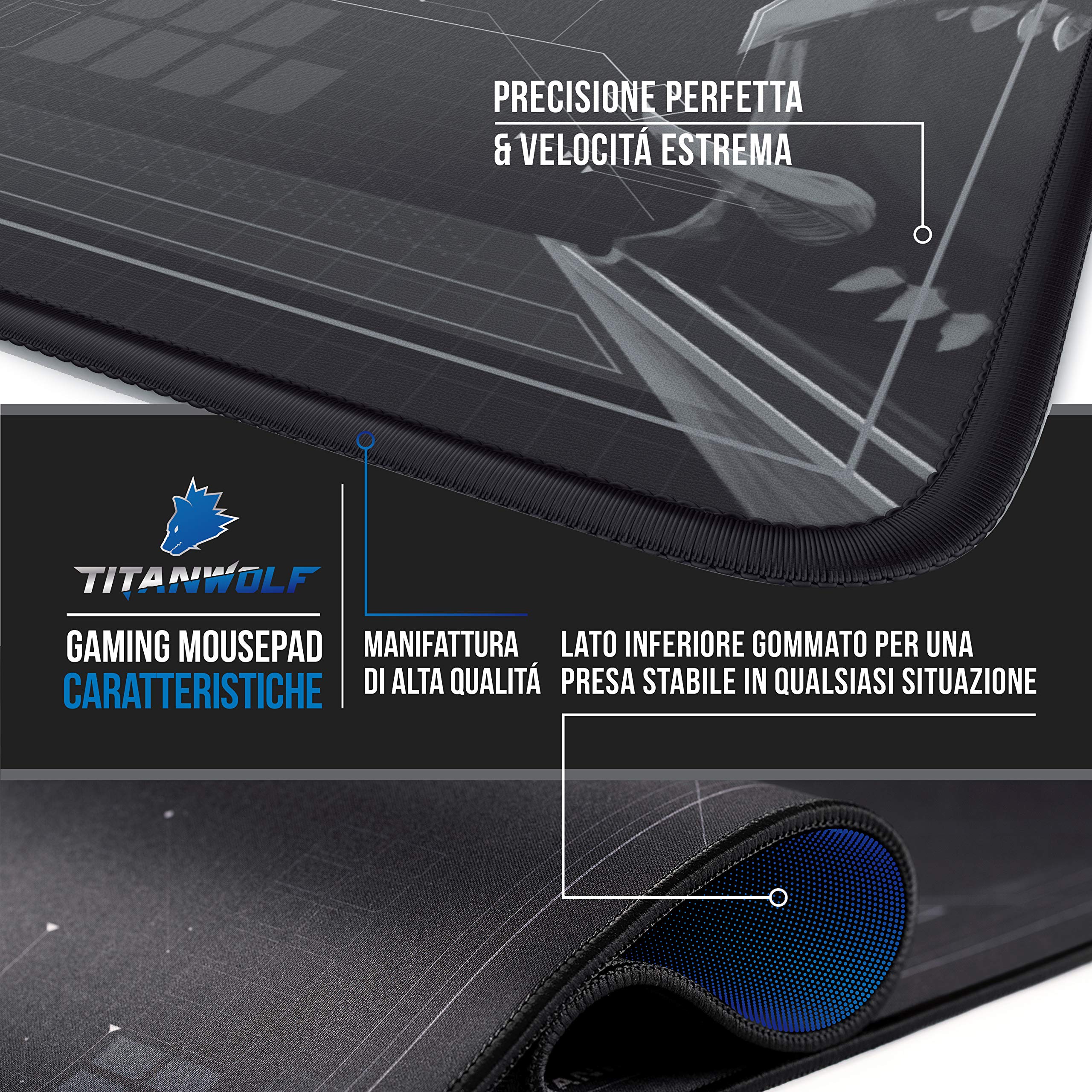 TITANWOLF - XXL Tappetino per Mouse da Gioco - Gaming Mousepad Extra Grande 900 x 400mm - Pad con Base in Gomma Antiscivolo - Spessore 3mm - Nero - Modello HUD